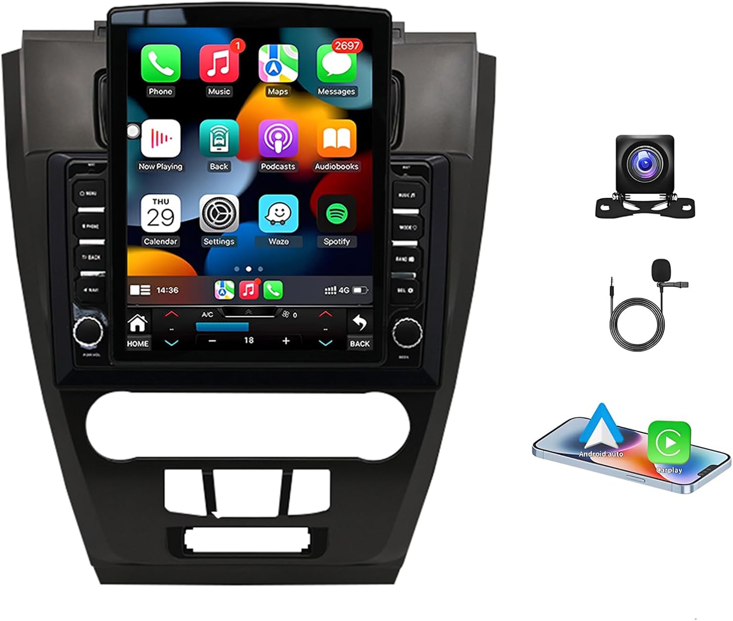 PHEZEN Car Stereo Radio Fit for Ford Fusion 2010 2011 2012, 9.7Inch Touchscreen Car Radio Receivers with Carplay Android Auto Supprot GPS Navigation Bluetooth FM WiFi Backup Camera - 4+64G