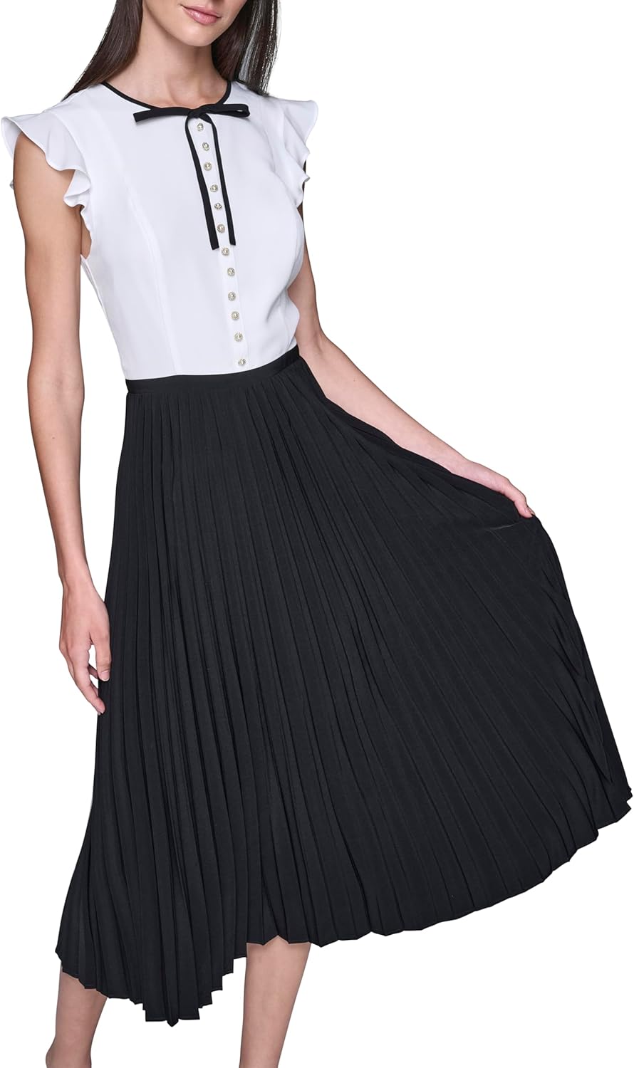 Karl Lagerfeld Womens Bow Neck Tie Pleated Skirt Silky Crepe Midi Dress with Button Detail
