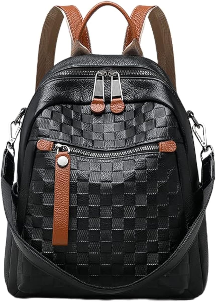 Genuine Leather Backpack Purse For Women Black Real Soft Leather Checkered Convertible Shoulder Casual Daypack Designer Bag