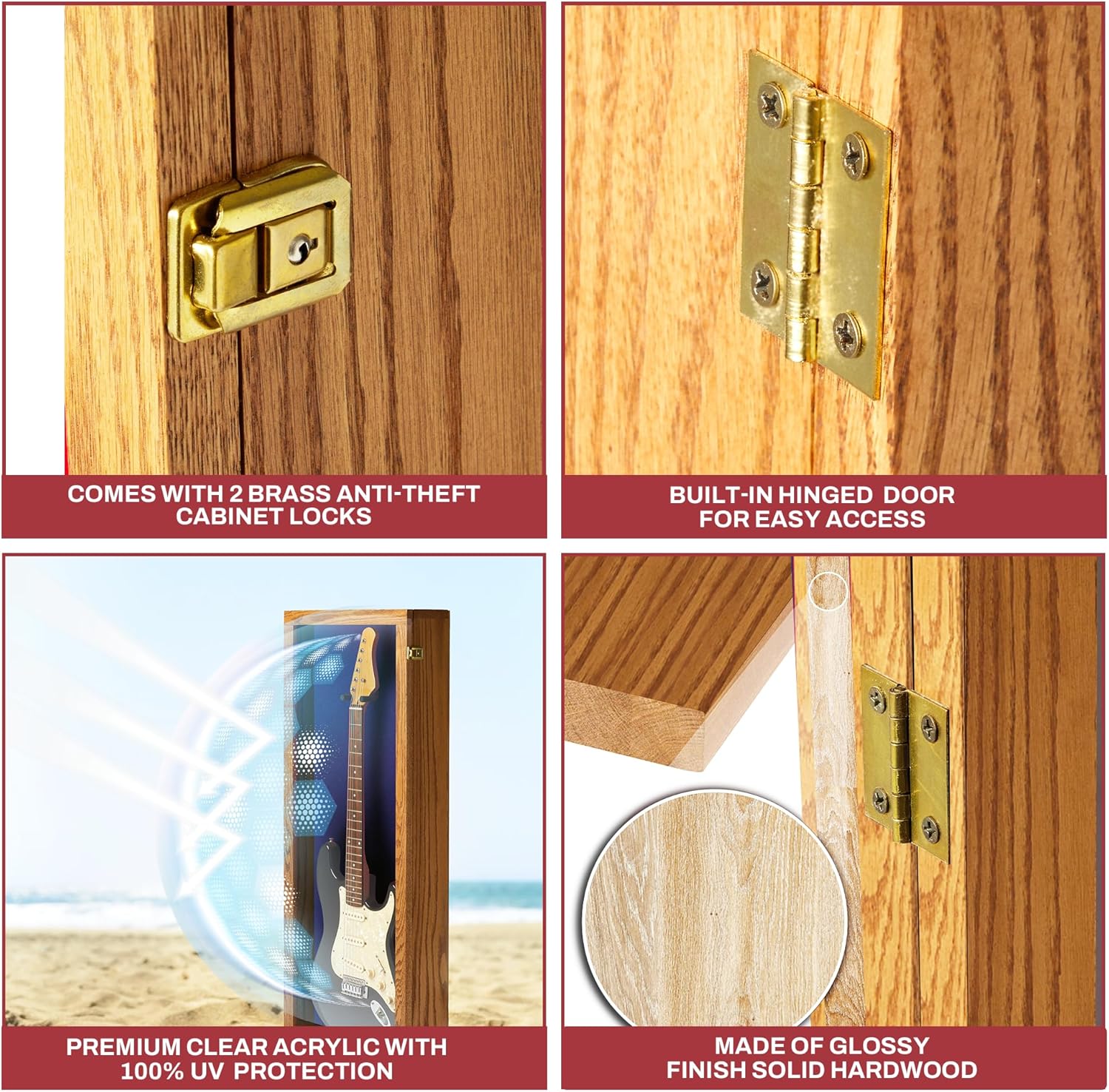 PENNZONI Electric Guitar Display Case - Acrylic Guitar Display Case Wall Mount Made from Hardwood & Clear Acrylic - Natural Oak w/Blue Felt