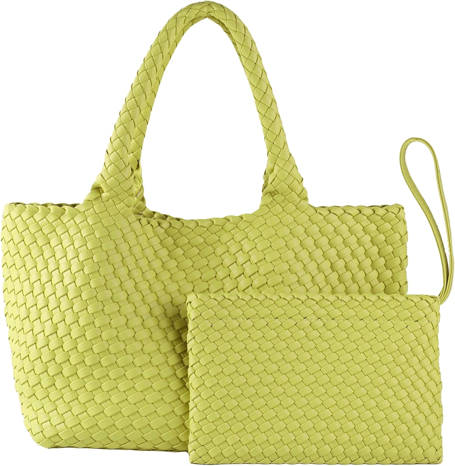 Lime Green Woven Tote Bag for Women, Vegan Leather Handwoven Bags with Small Handmade Purse, Large Travel Braided Top Handle Handbags
