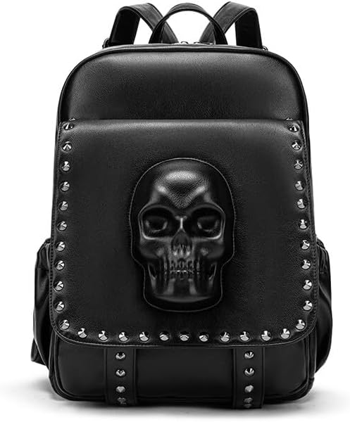 3D Skull Backpack for Women, Gothic PU Leather Studded Fashion Backpack with Anti-Theft Pocket, Fits A4 & 13 Inch, Black