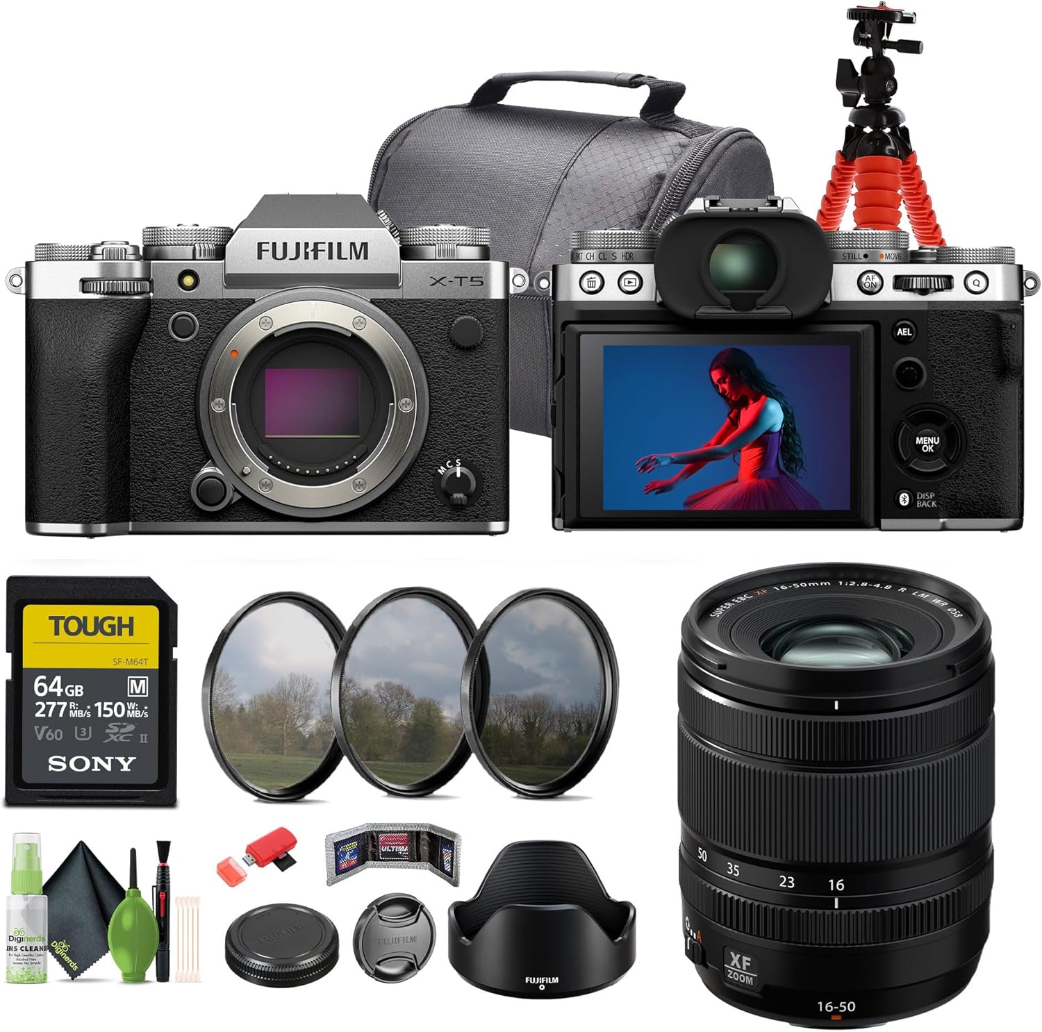 FUJIFILM X-T5 Mirrorless Camera (Silver) Bundle with Fuji XF 16-50mm f/2.8-4.8 R LM WR Lens + 64GB SF-M Tough Series UHS-II SDXC Memory Card + Cleaning kit + 12 inch Flexible Tripod + More