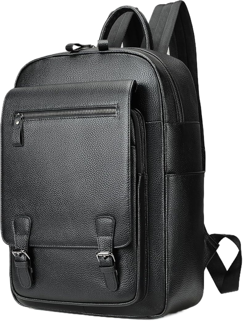 Genuine Leather Laptop Backpack for Men Business Travel Hiking Rucksack Daily Use Daypack with Gift Box (Black-3)