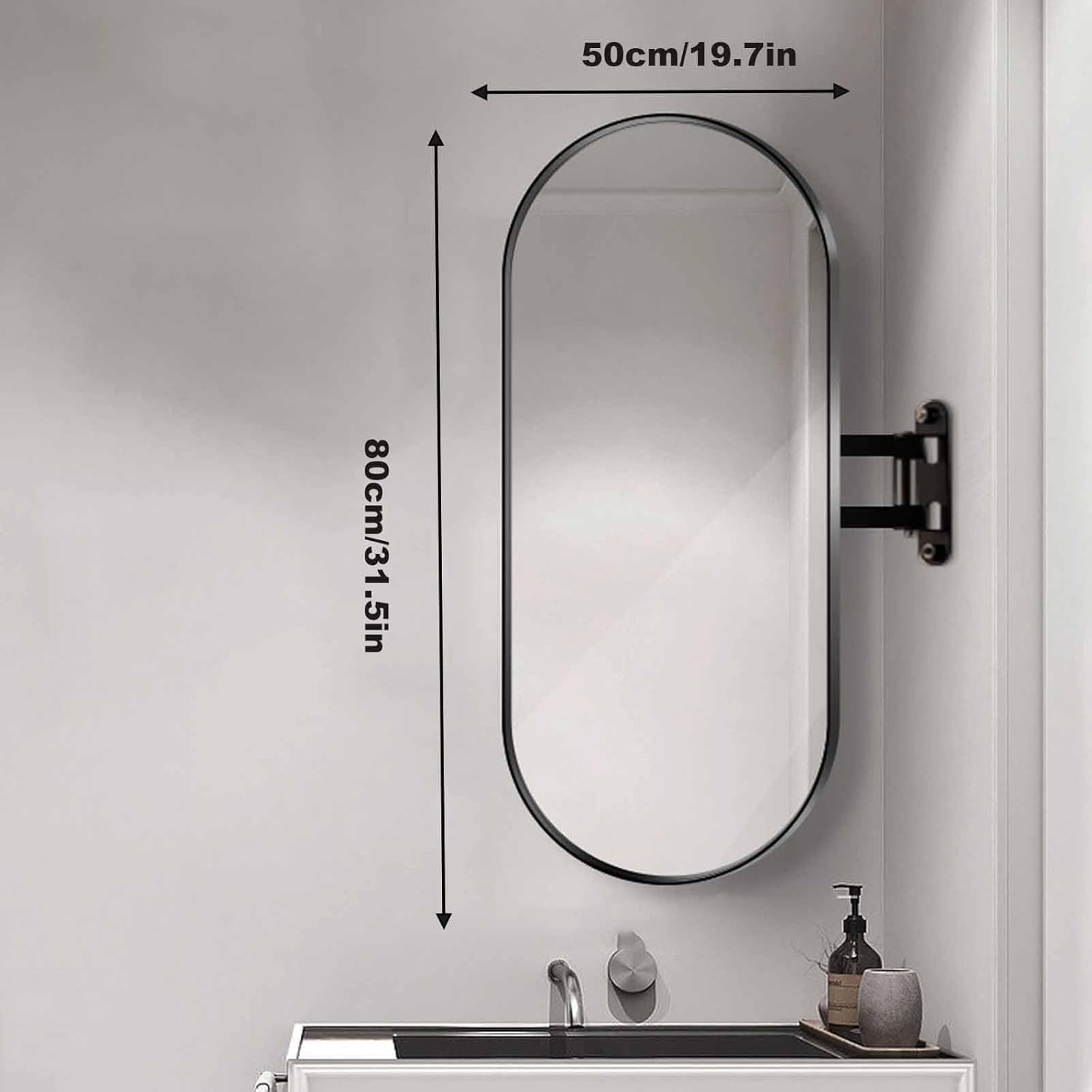 Swivel Corner Bathroom Mirror,Corner Vanity Mirror,Adjustable Arm Aluminum Frame Oval Wall Mount, for Makeup & Vanity, Shatterproof Tempered Glass,Black, 32X20 in