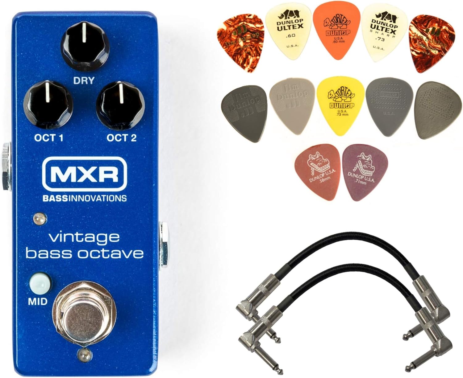 MXR M280 Vintage Bass Octave Effects Pedal Bundle with 2 Patch Cables and Dunlop Pick Pack