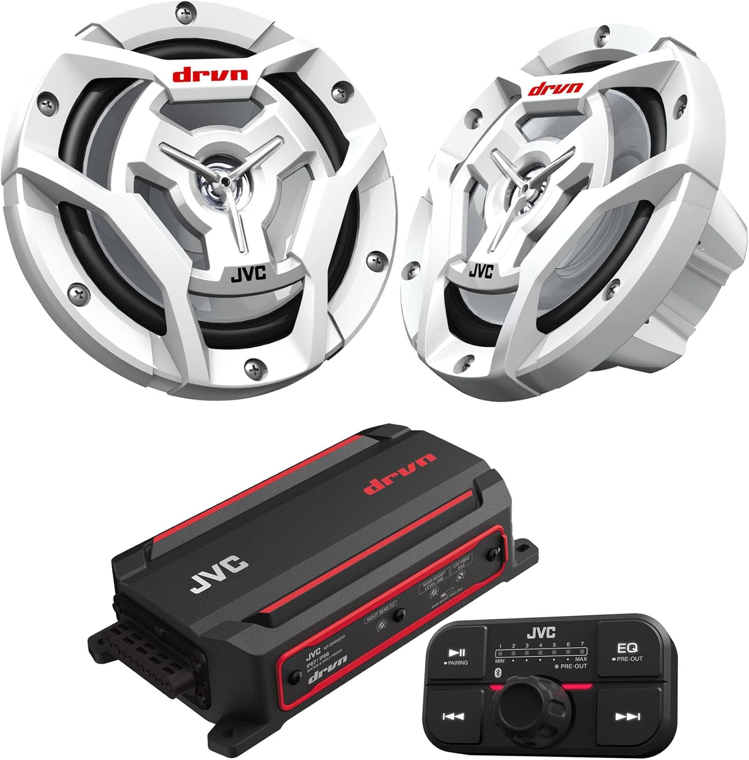 JVC KS-DR2104DBT Bluetooth 4-Channel Compact Digital Amplifier 50W RMS x 4 @ 4 ohms with 2 Pairs CS-DR6201MW 6.5