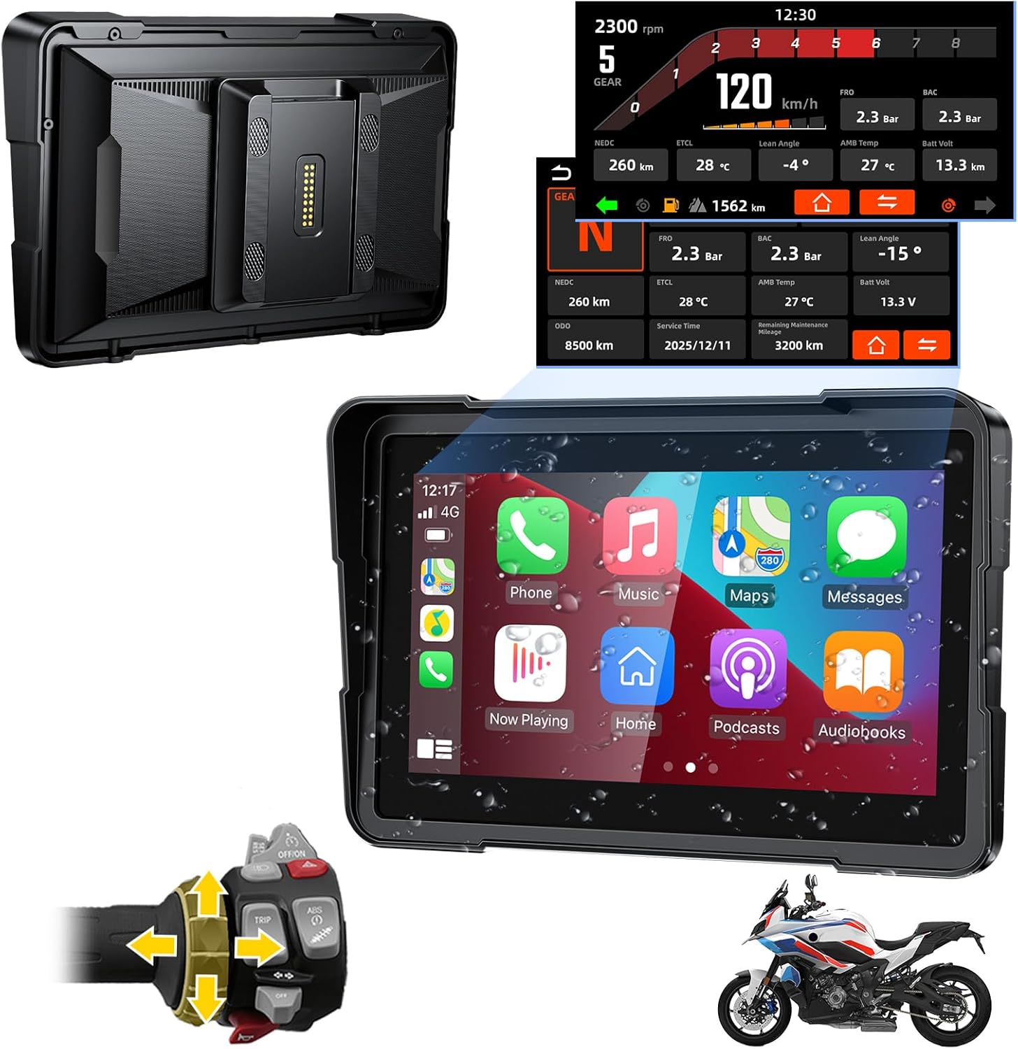 LBW 7 Inch Motorcycle CarPlay GPS for BMW, QLED CarPlay Screen, 1000 Nits Bright Waterproof HD Touch Screen, Plug&Play Lossless Installation, iOS/Android Native Protocol Support