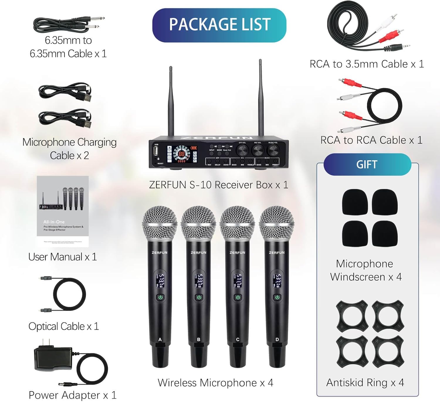 Pro 4 Channel Wireless Microphone System Rechargeable & Pre Effector, UHF Metal Handheld Cordless Mics with LCD Display, Vocal Cut, Bluetooth, USB Port, XLR, 1/4, Optical, RCA Input/Output