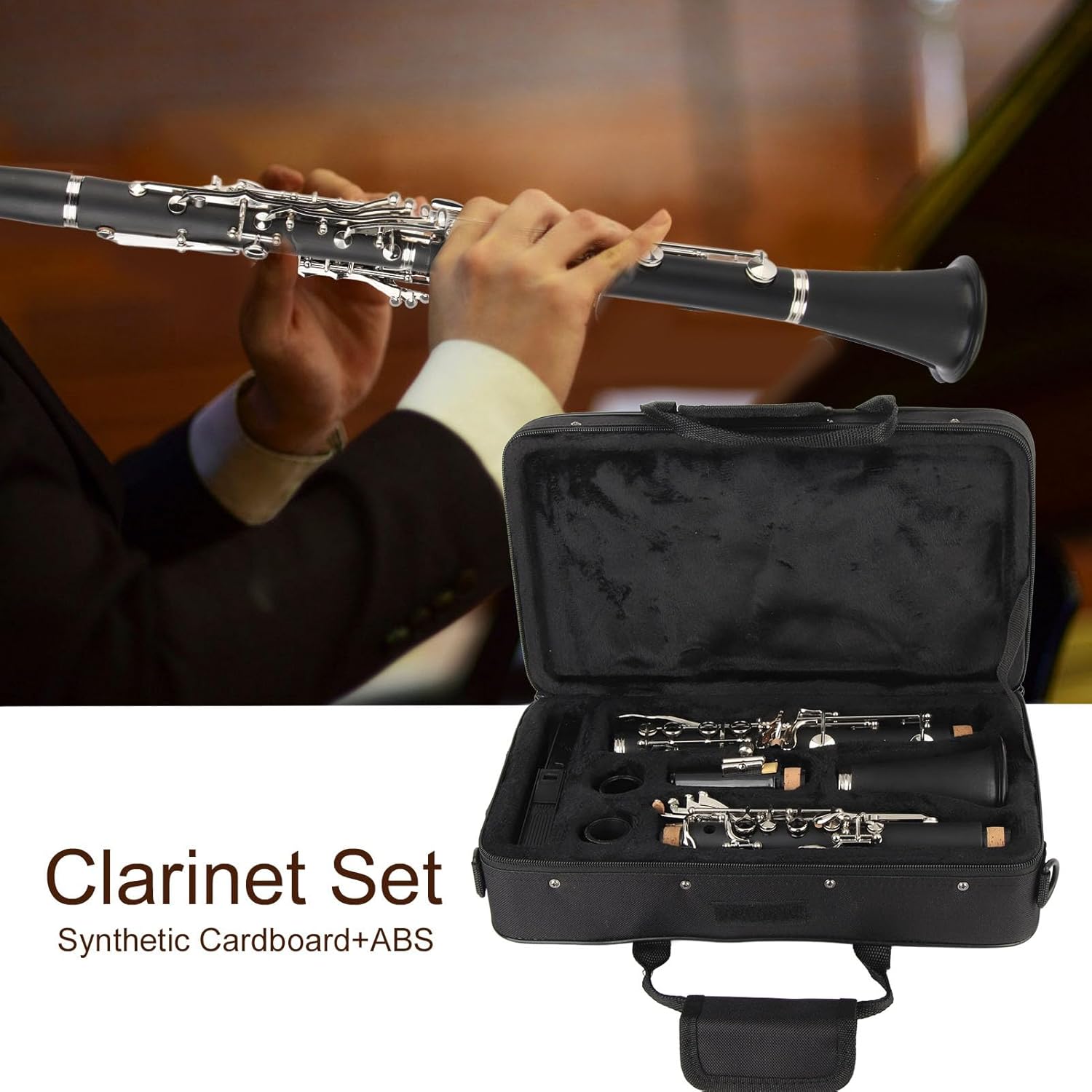 B Flat Clarinet, Clarinet 17Key Wood Bb with Cleaning Cloth Reed Screwdriver Box Musical Instrument for Intermediate Beginner (Black)
