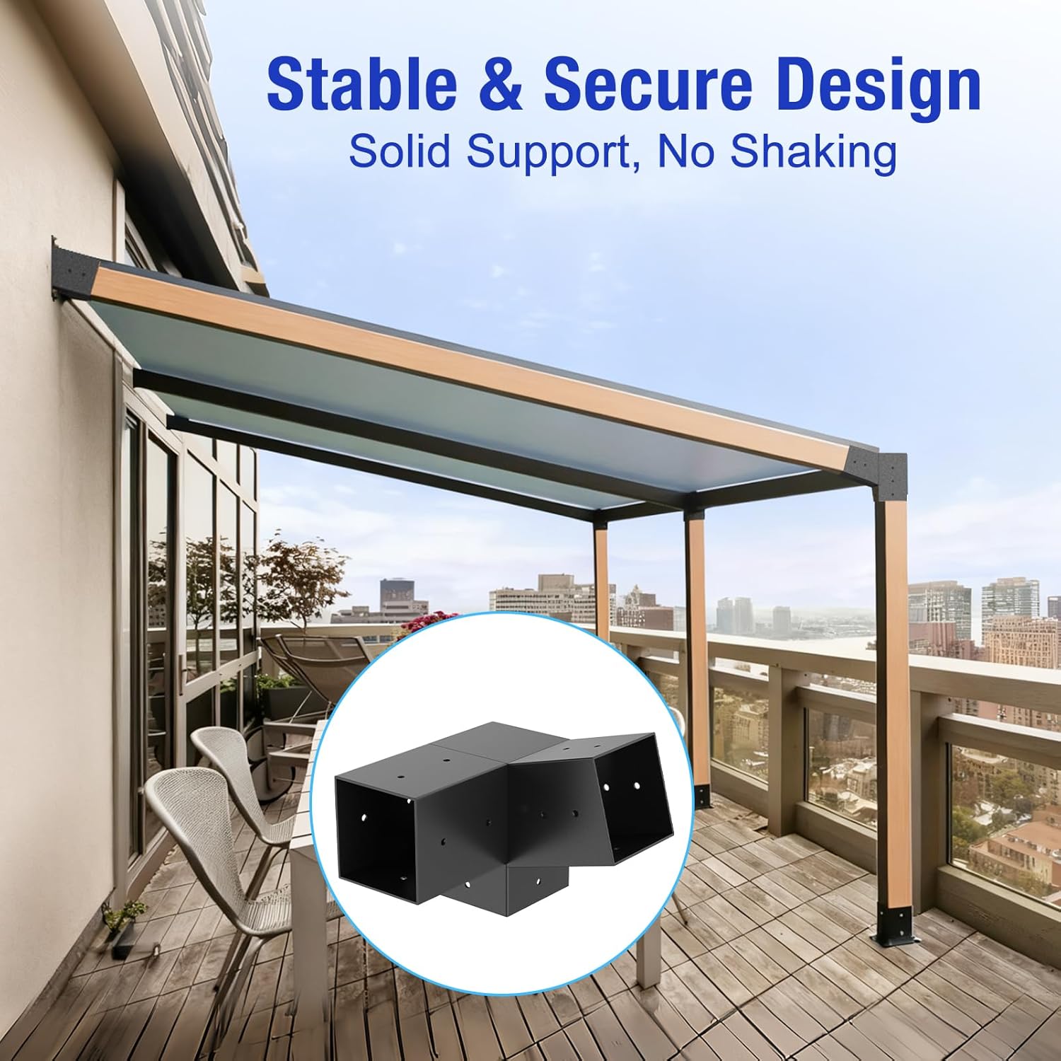 15° Slanted Roof Pergola Brackets, 3-Way Roof Wall Mount Extension Pergola Kit, Angled 4''x4'' Wood Post Base Bracket, Corner Bracket for Gazebos, Patio Pergolas, Log Cabin (6PCS)