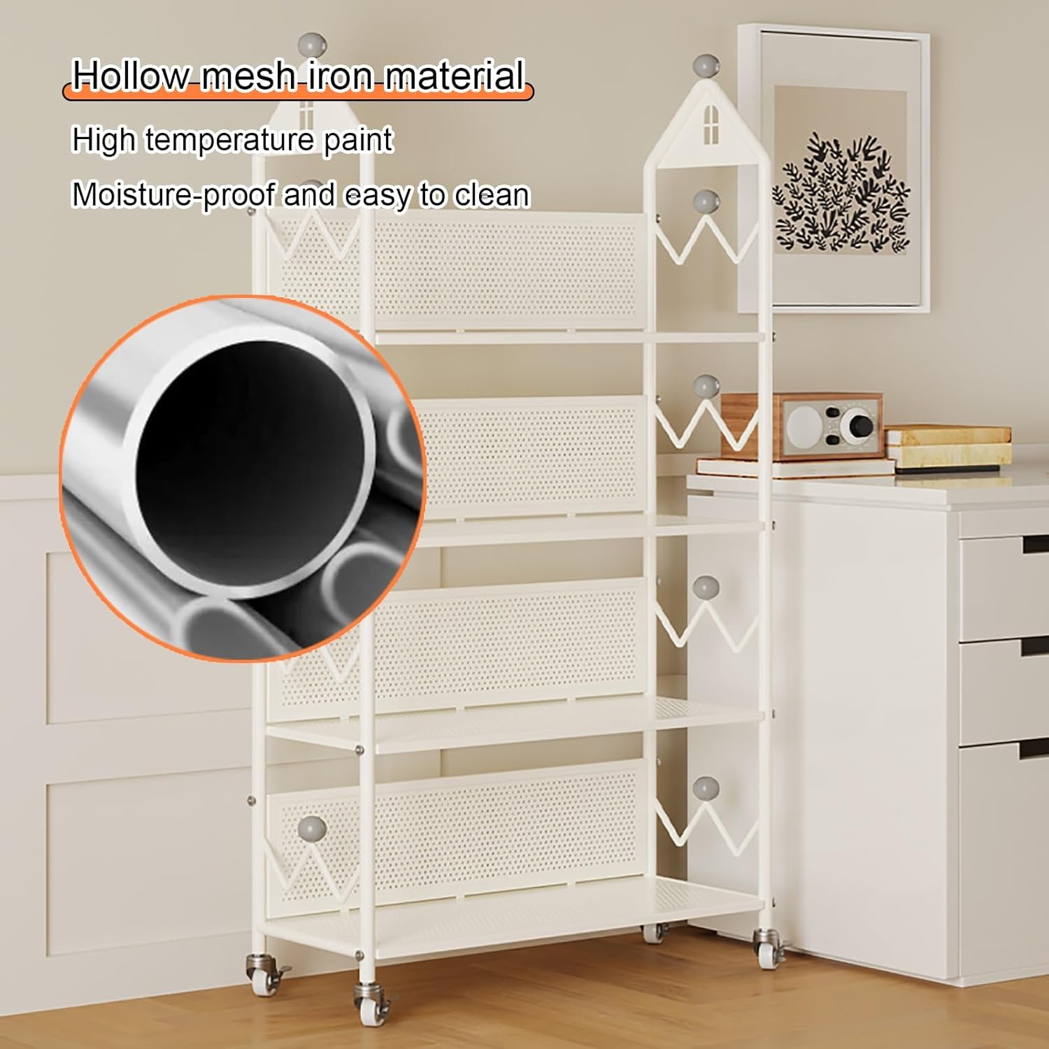 Metal Bookshelf with 360°Rotation Wheels, Creative Library Cart, Floor Standing Bookcase, Open Vertical Iron Art Storage Display Rack for Home Office Living Room(Black,114cm/44.9in)