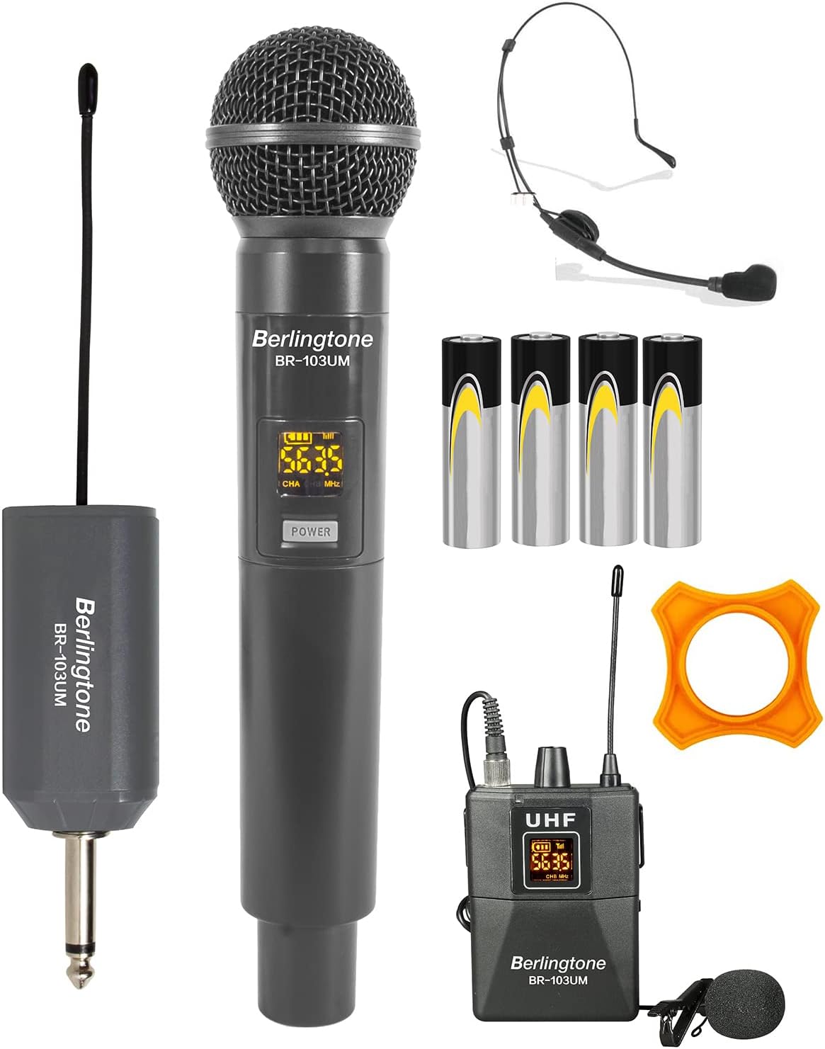 Berlingtone) Dual UHF Wireless Microphone System, with Headset Mic, 60 Adjustable Frequency Channels, with Rechargeable Receiver, Karaoke, Wedding, DJ, Party, Church, up to 200ft Range, BR-103UM