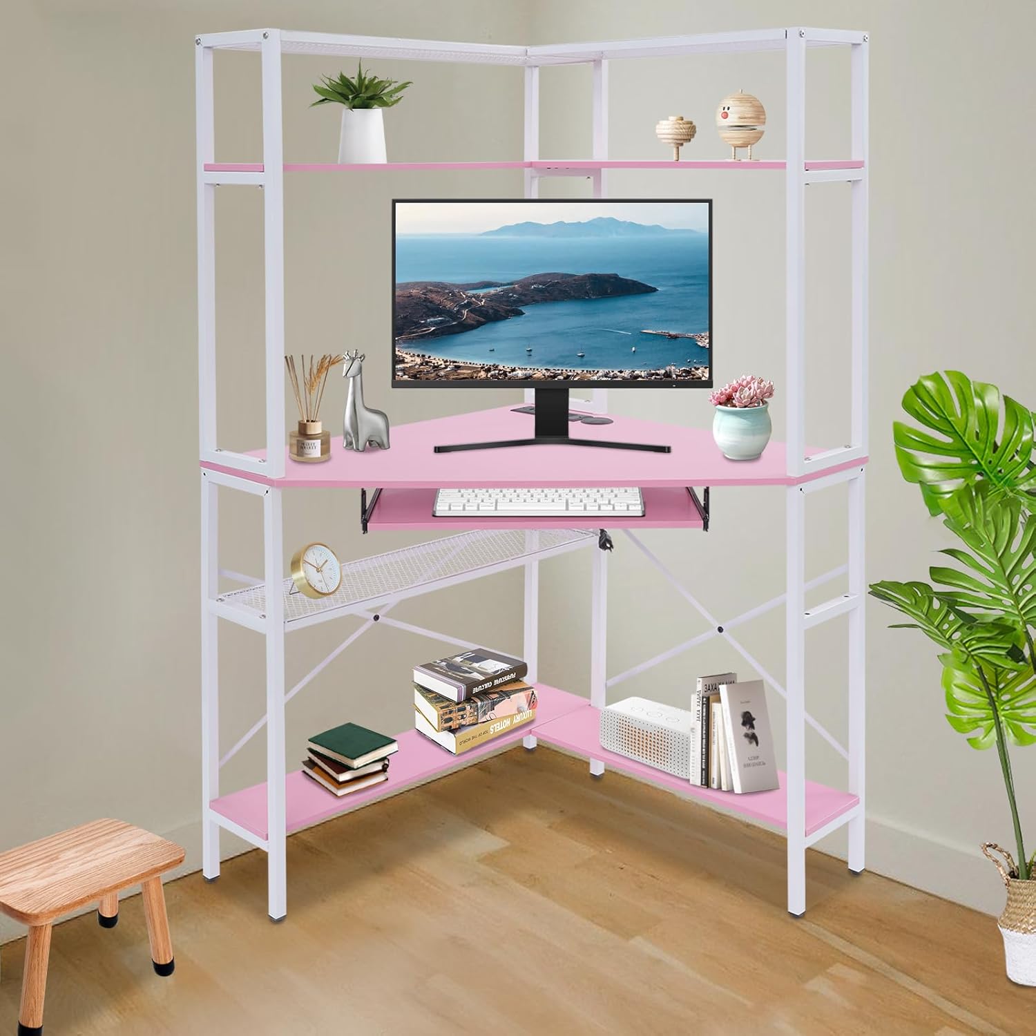 Corner Computer Desk with Power Outlets & LED Light, Mini Corner Desk with Hutch Corner Gaming Desk with Storage Shelves Triangle Corner Desk for Small Space, Home Office, Workstation (Pink)