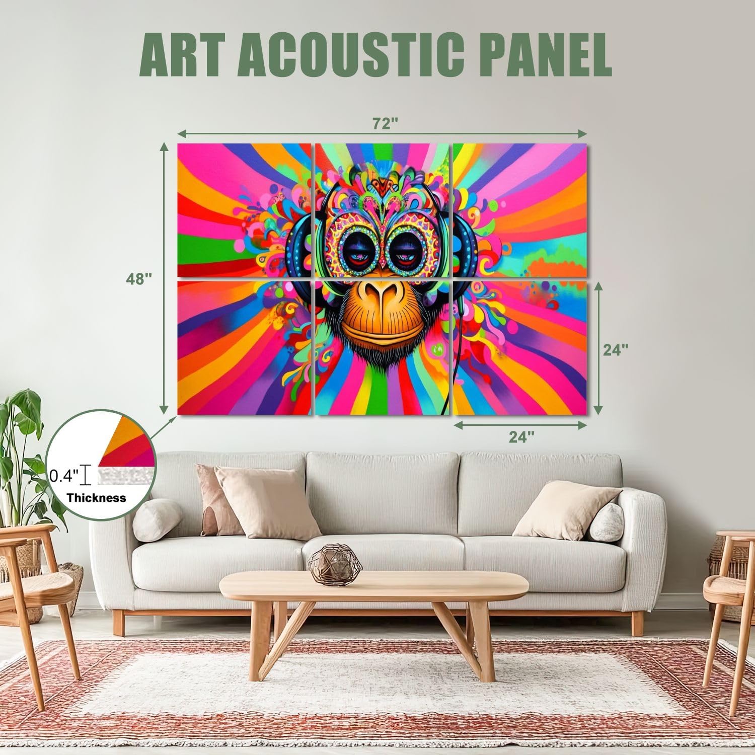 6 Pack Art Acoustic Panels Sound Absorbing Graffiti Monkey Headphones Street Pop Art Colorful Radiating Patterns Decorative Soundproof Wall Panels Self Adhesive for Recording Studios Office 72