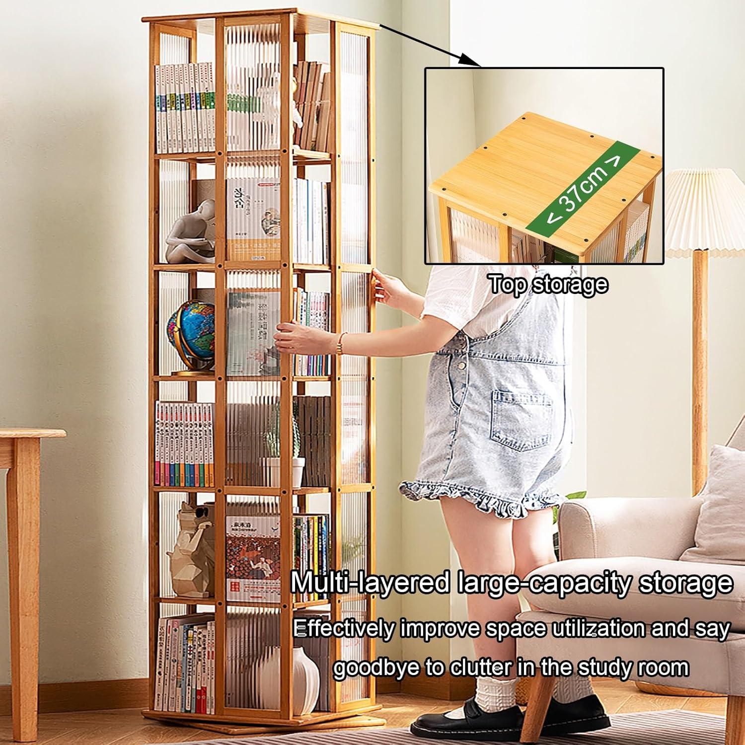 5 Tier Rotating Bookshelf, 360° Spinning Book Shelf Tower, Bamboo Floor Standing Storage Rack, Narrow Storage Shelf for Living Room, Bedroom, Study(Beige)