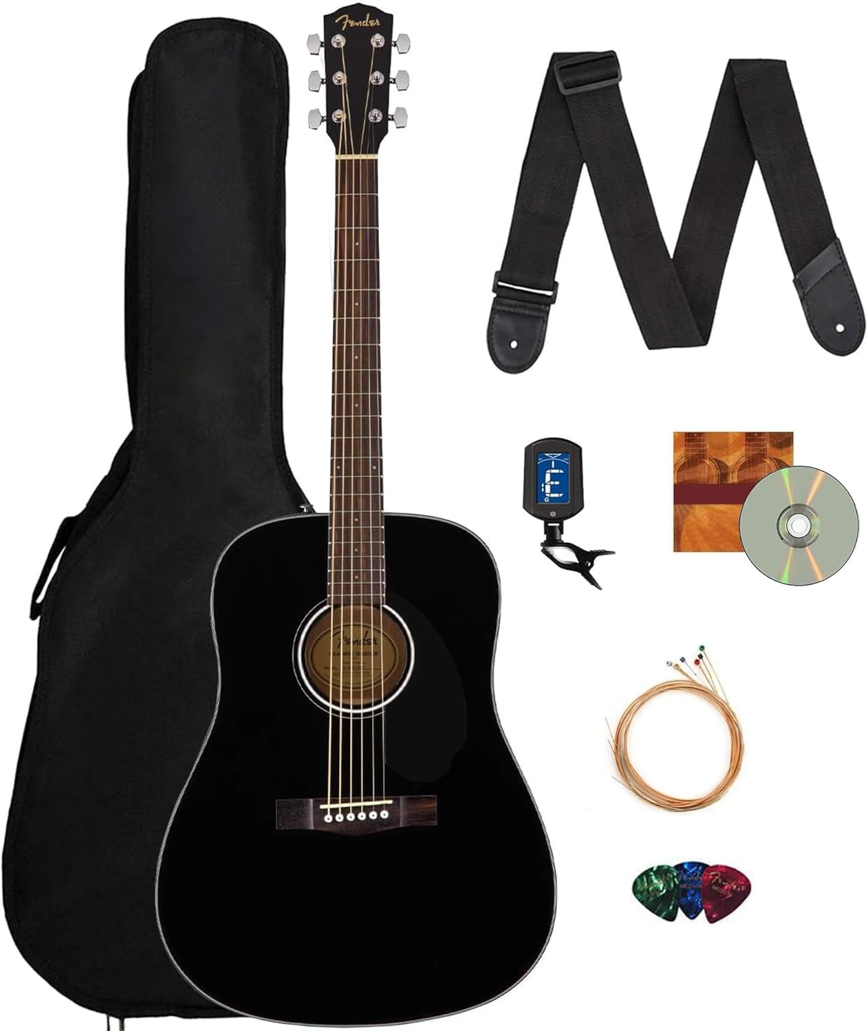 Fender CD-60S Solid Top Dreadnought Acoustic Guitar - Black Bundle with Gig Bag, Tuner, Strap, Strings, Picks, and Austin Bazaar Instructional DVD