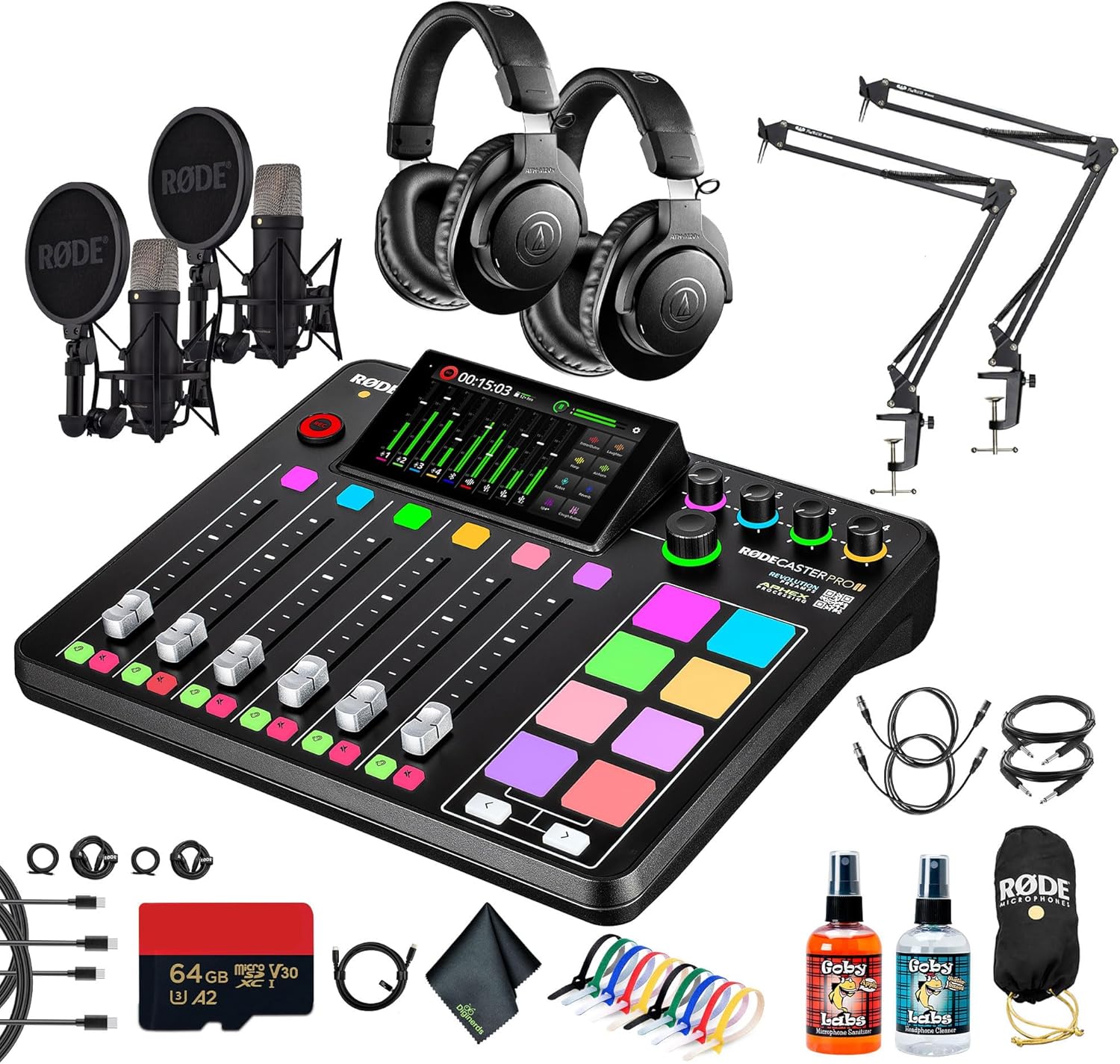 RODE RODECaster Pro II + 2x Studio Headphones + 2x RODE NT1 5th Gen Podcast Microphone + 64GB Micro SD Memory Card + 2 x Mic Arm Stand + Cable Ties + Replacement Cables + More (Bundle)