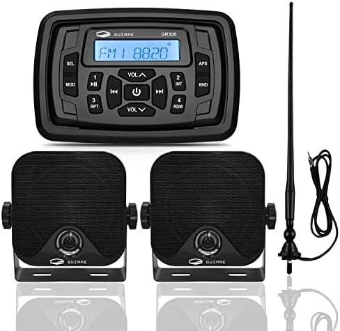 Boats Marine Radio Bluetooth and Speakers Audio System Package - Waterproof Marine Stereo Receiver+ 1 Pari 4 inches Black Speakers + Antenna for Boats ATV UTV Motorcycle 306.301B.056B