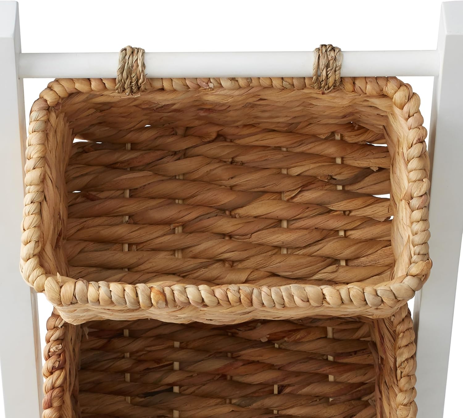 Casafield 3-Tier Floor Stand with Water Hyacinth Storage Baskets, White/Natural - Standing Organizer Rack for Bathroom, Kitchen, Laundry, Living Room