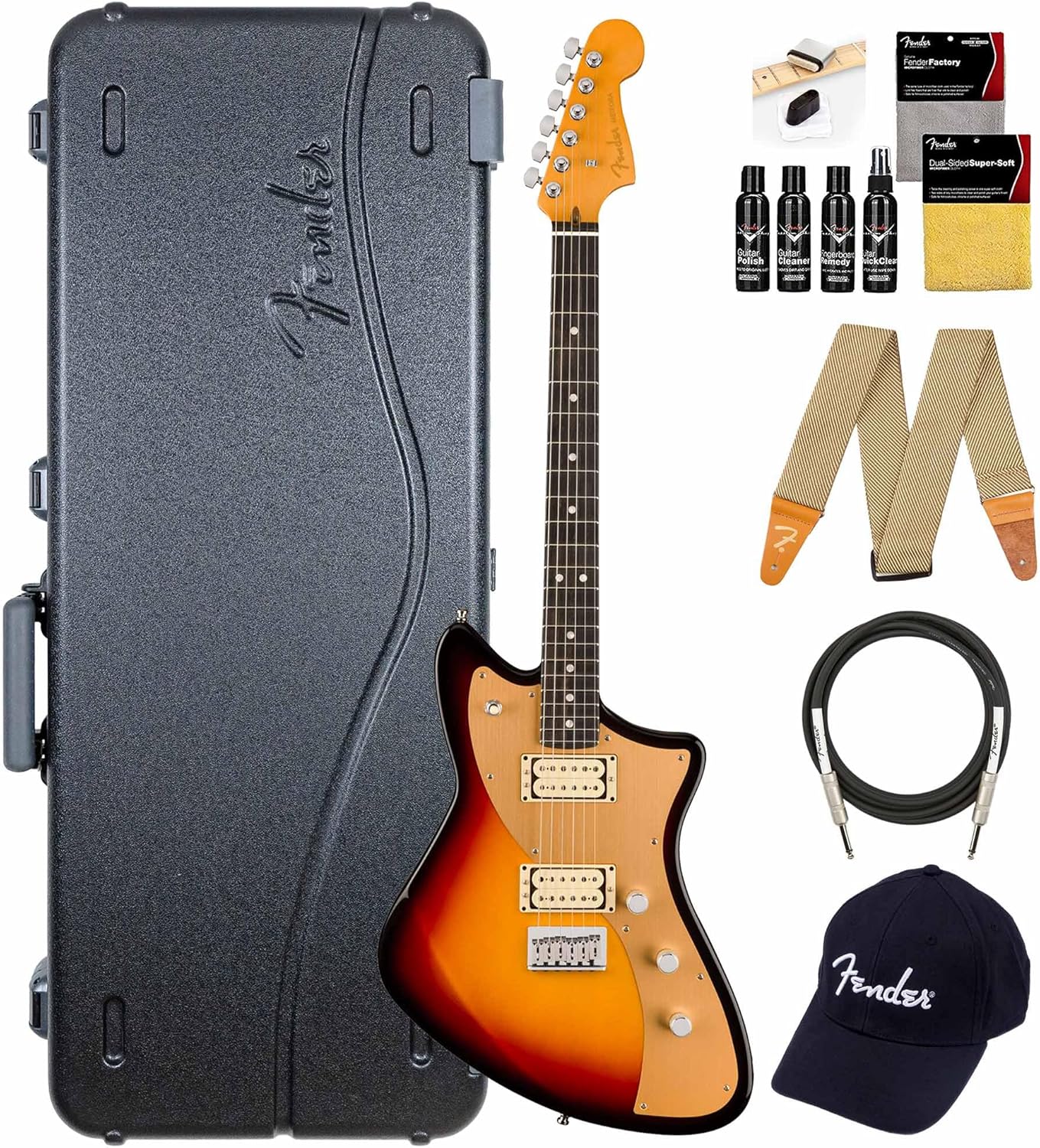 Fender American Ultra II Meteora - Ultraburst Bundle with Case, Strap, Cable, Hat, and Guitar Cleaning Kit