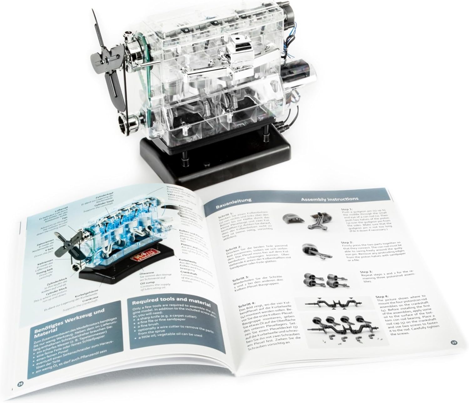 FRANZIS 67175 – The Large Technical kit 4-Cylinder Engine, Model kit in Scale 1:3, 100 Components for plugging and screwing, Including Sound Module, Instructions and accompanying Book