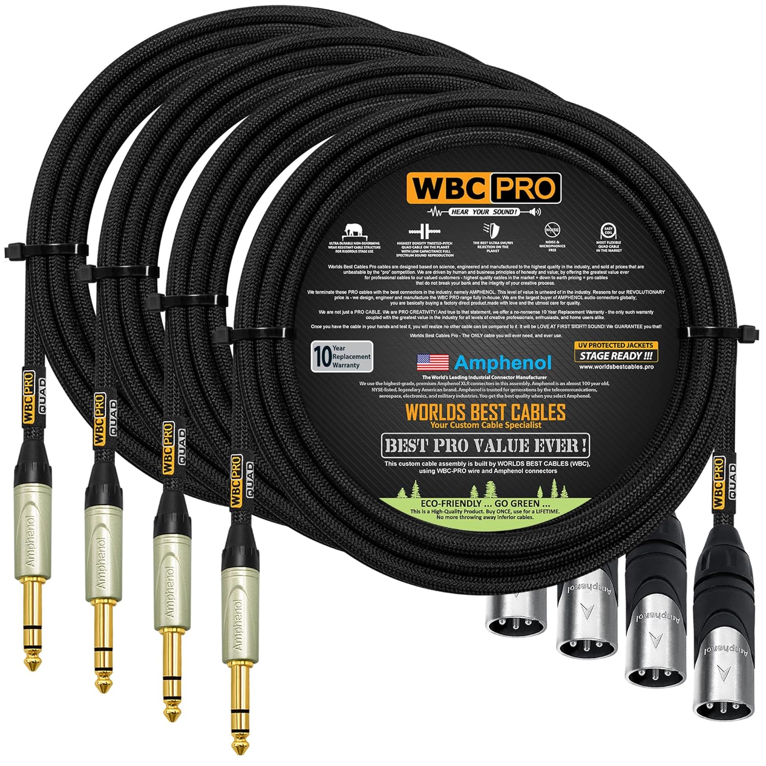 4 Units - 15 Foot - WBC-PRO-Quad Ultra-Silent Ultra-Flexible Balanced Star-Quad XLR to TRS Cable with Amphenol AX3M Male XLR & QS3P-AU Straight TRS Stereo Phone Plugs - Black Tweed Jacket