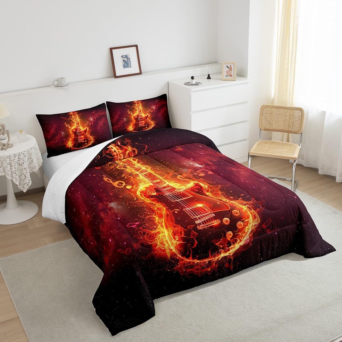Red Bass Kids Comforter Set King Size,Fire Decor Musical Instrument Notes Quilted Duvet with 2 Pillowcases Guitar Pattern Nebula Galaxy Comforter for Boys Teens Bedroom