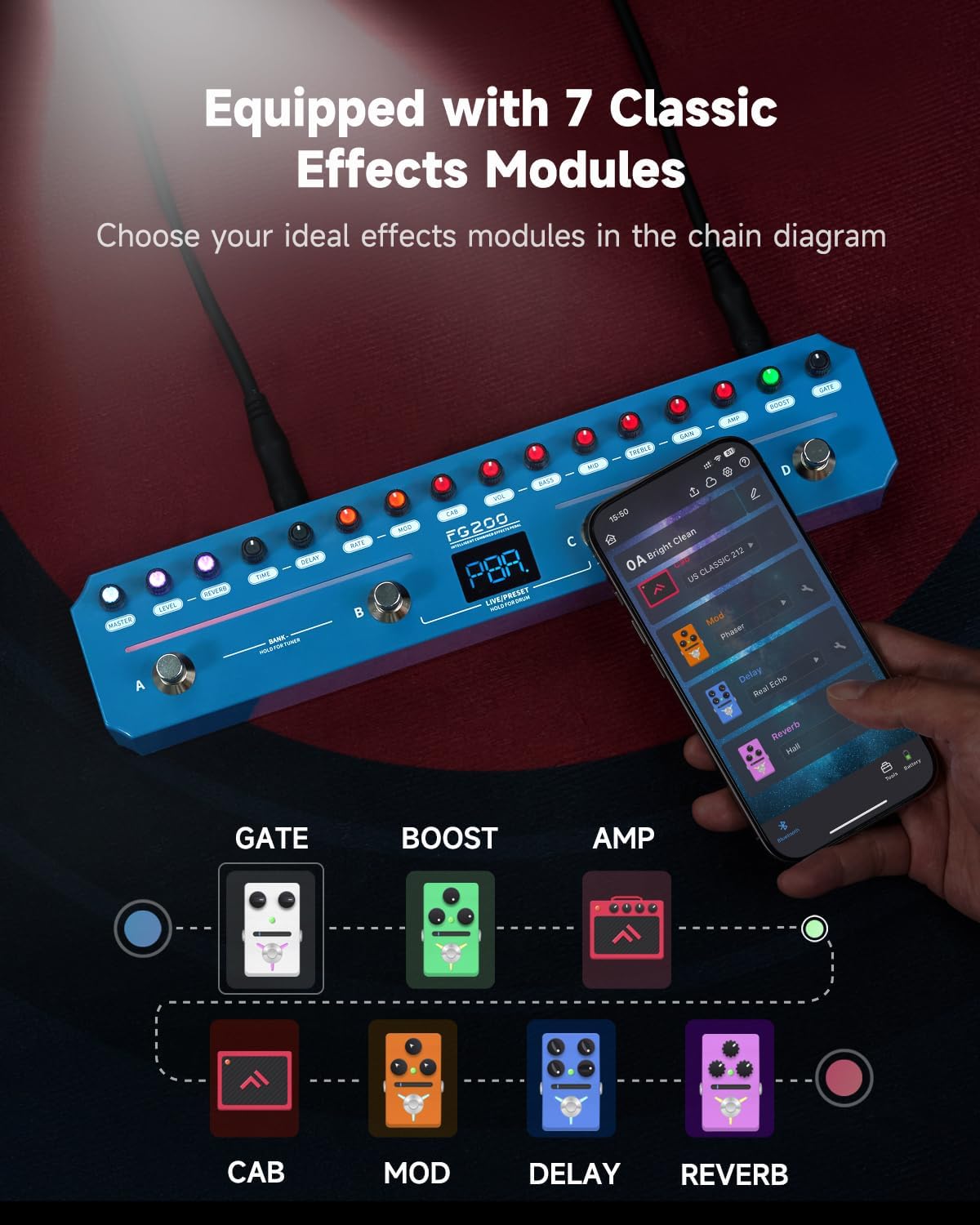 FLAMMA FG200 Intelligent Multi-Effects Guitar Pedal with 52 AMP Models 5 BOOST Models 16 CAB Simulations 7 Effects Modules 9 IR Slots 40 Presets 40 Rhythm Styles Support APP OTG