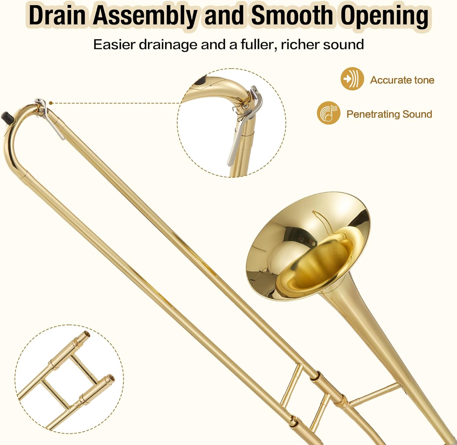 B Flat Alto Trombone, Brass Trombone with Gold Laquer, Includes Mouthpiece, Case, Cleaning Cloth, Gloves