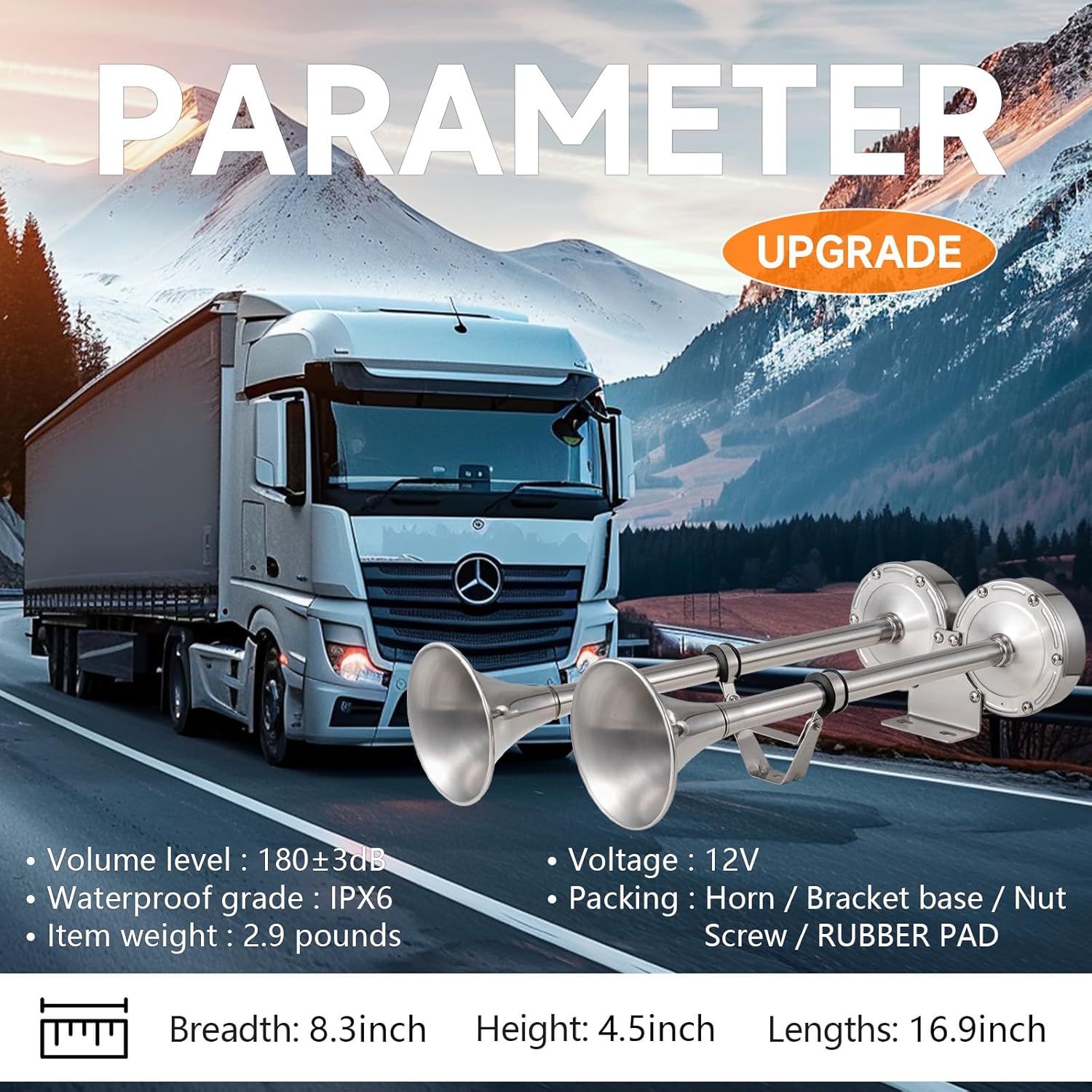 Marine Boat Safty Horns 12V 180dB Double Trumpet Truck Horn Stainless Steel Low and High Tone 2 Tube for Ship Truck RV Trailer Pickup Van Bus