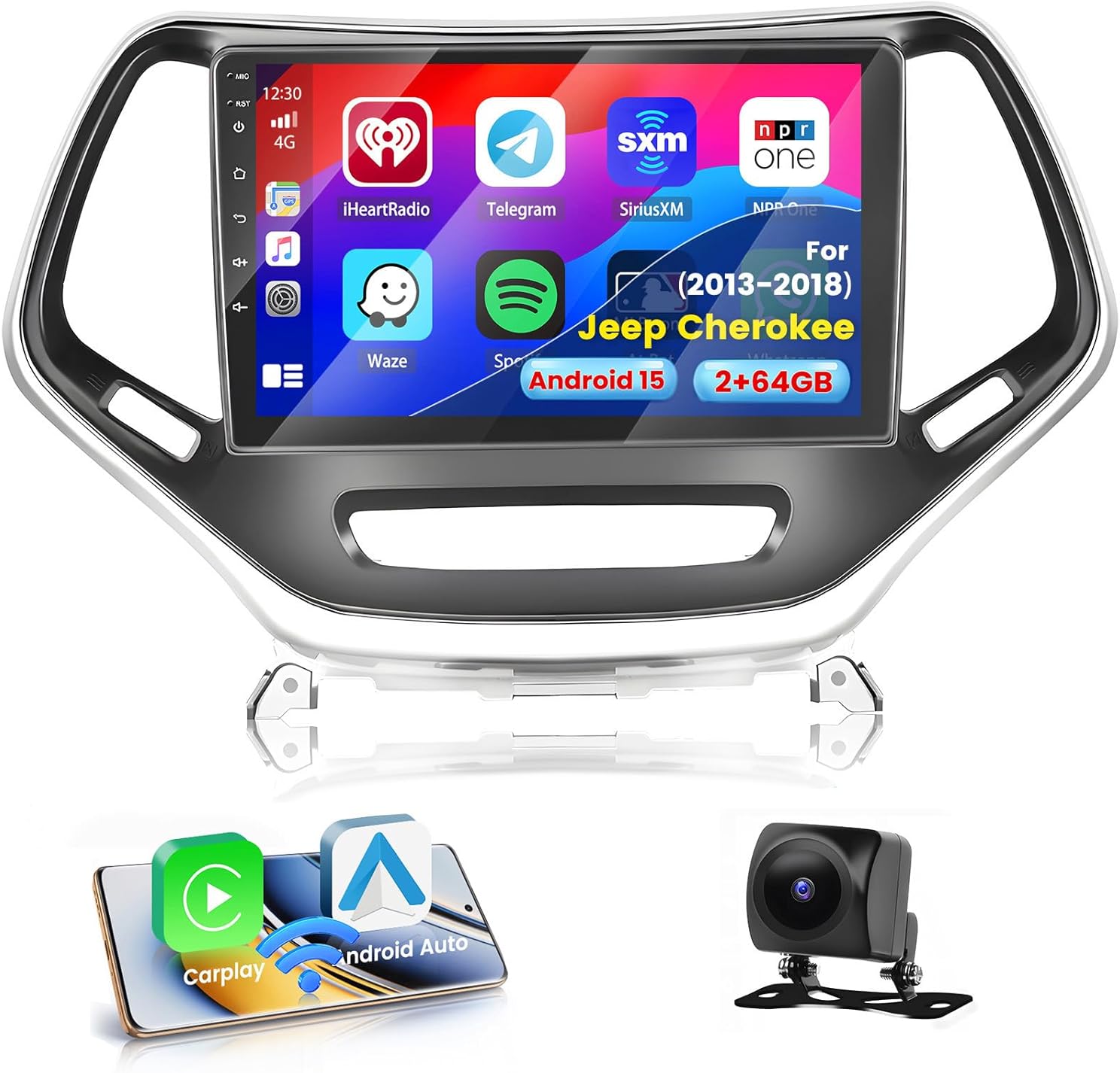 2G 64G Radio for Jeep Cherokee 2013-2018 Android 15 CarPlay Car Stereo 10.1'' Touch Screen Compatible with Android Auto AHD Backup Camera Bluetooth GPS WiFi FM RDS