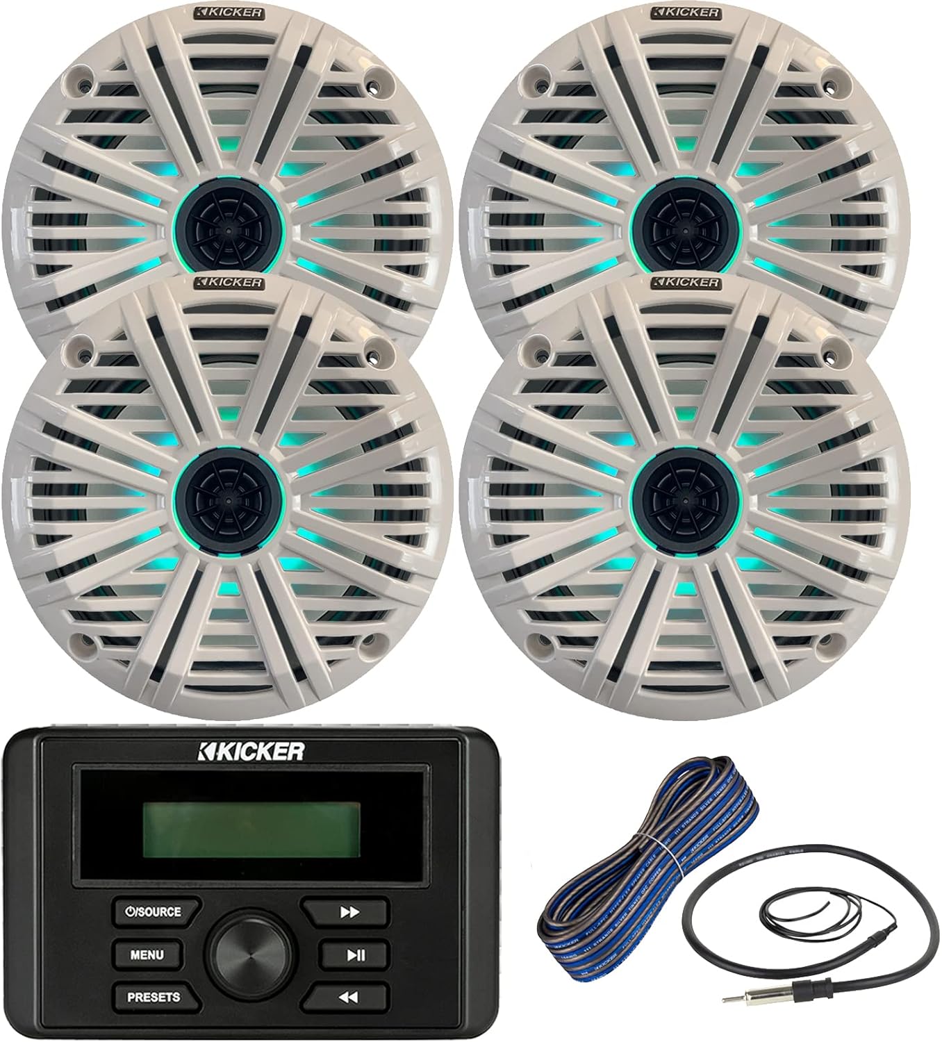 Kicker Weather-Resistant Marine Bluetooth USB RCA Stereo Receiver Bundle Combo with (QTY 4) 6.5