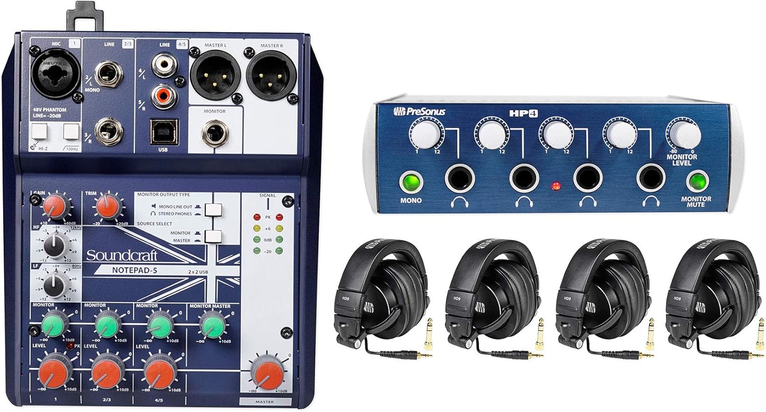 Audiosavings Bundle (1) PRESONUS HD9/HP4 Pack with HP4 Headphone Amplifier+ (4) HD9 Studio Headphones Bundle with (1) Soundcraft Notepad-5 Channel Podcast Mixer Podcasting Interface (Items 2)
