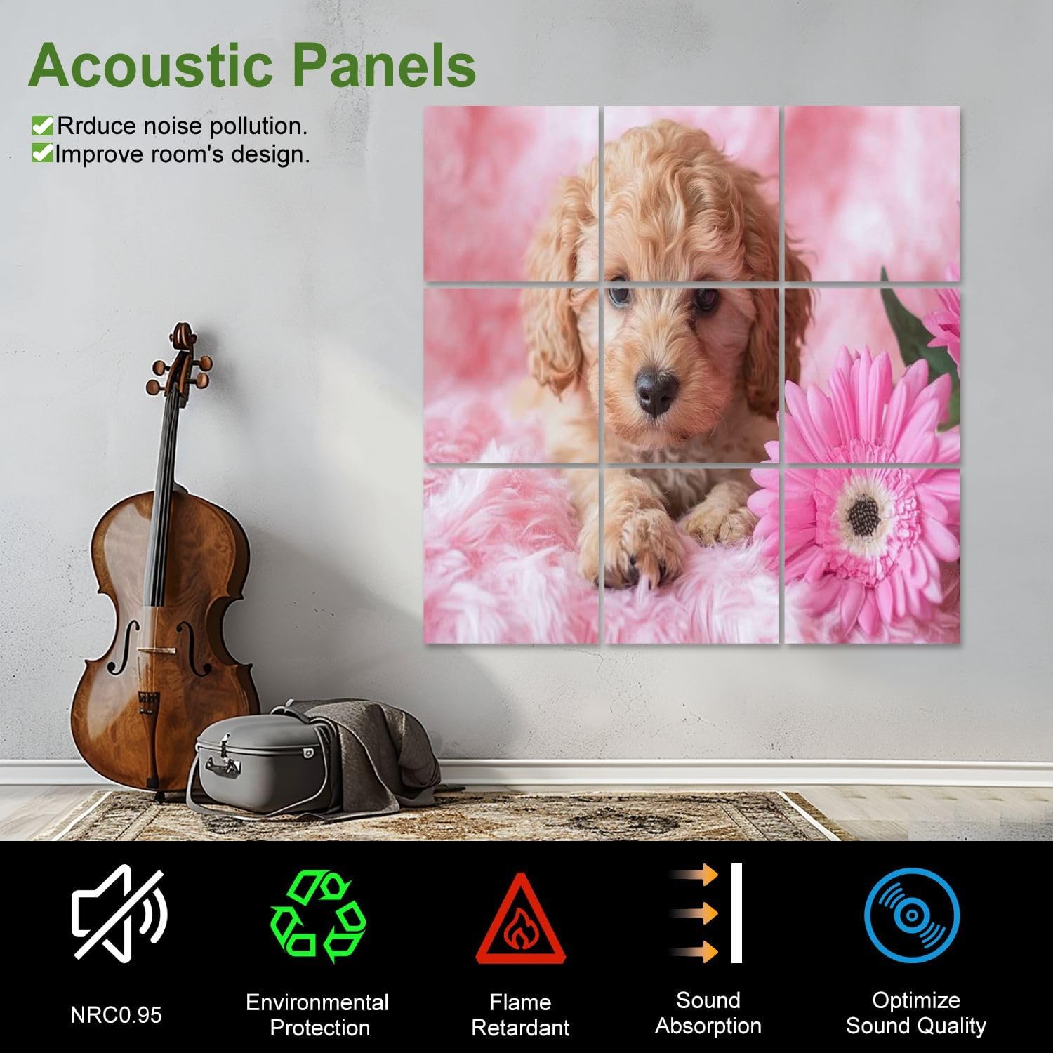 Art Acoustic Panels Self Adhesive Cockapoo Puppy 9 Packs Decorative Soundproof Wall Panels Large Sound Absorbing Panels for Home Office 60