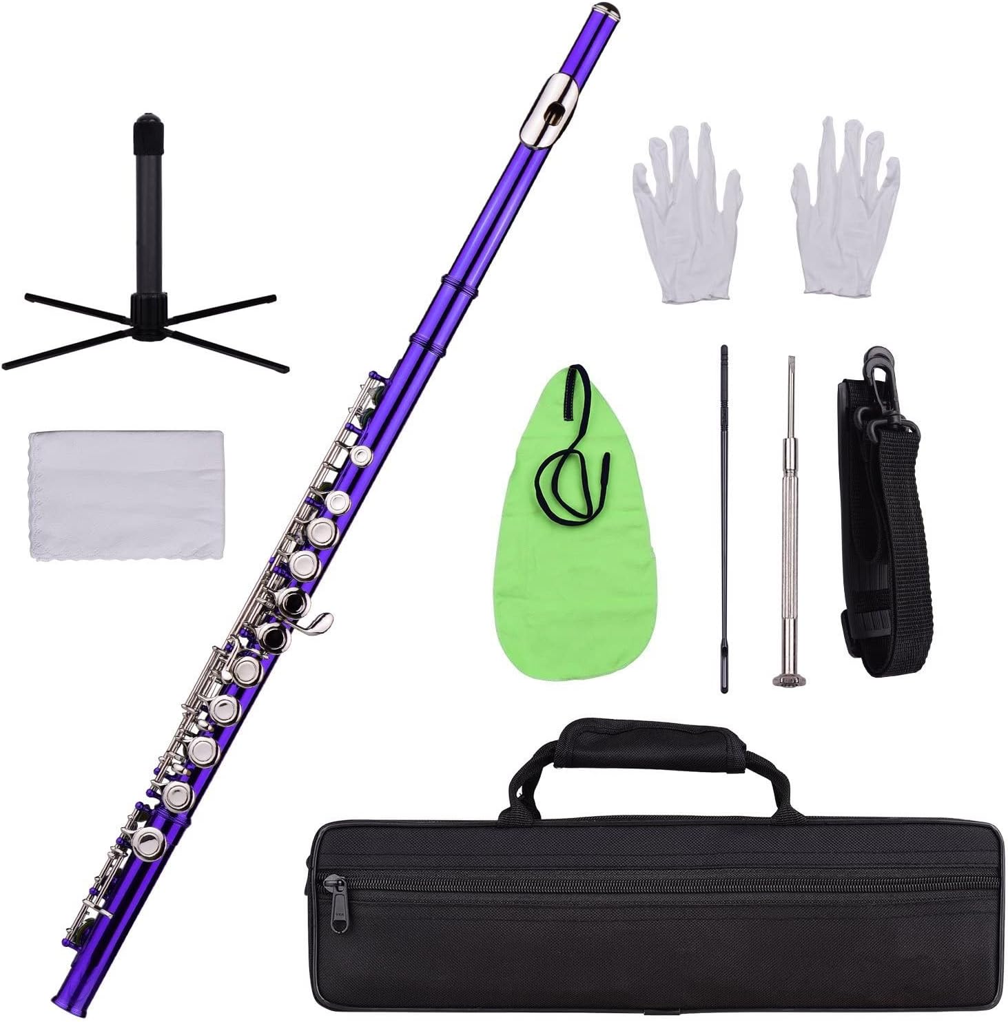Flute Kit Closed Hole C Flute 16 Keys Cupronickel Nickel- Plated Wind Instrument with Carry Case Flute Stand Gloves Cleaning Cloth Intermediate Flute (Color : Purple)