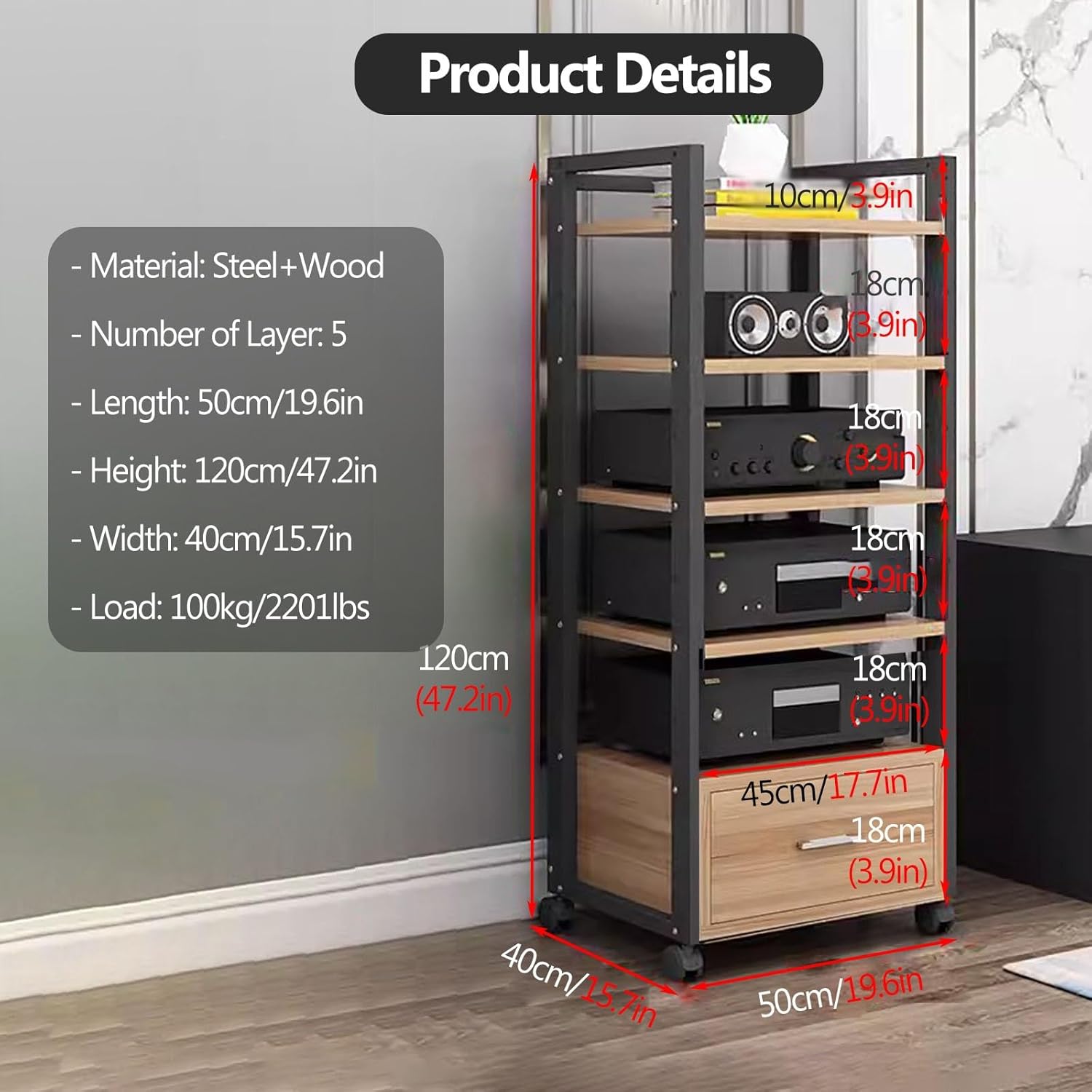 Av Media Stand Corner Shelf - Rack Audio Tower with Adjustable Shelves - 79 100 120Cm Tall Shelf Stand with Wheels - Audio Equipment Rolling Cart Rack Portable for Home,5Tiers-120cm Tall