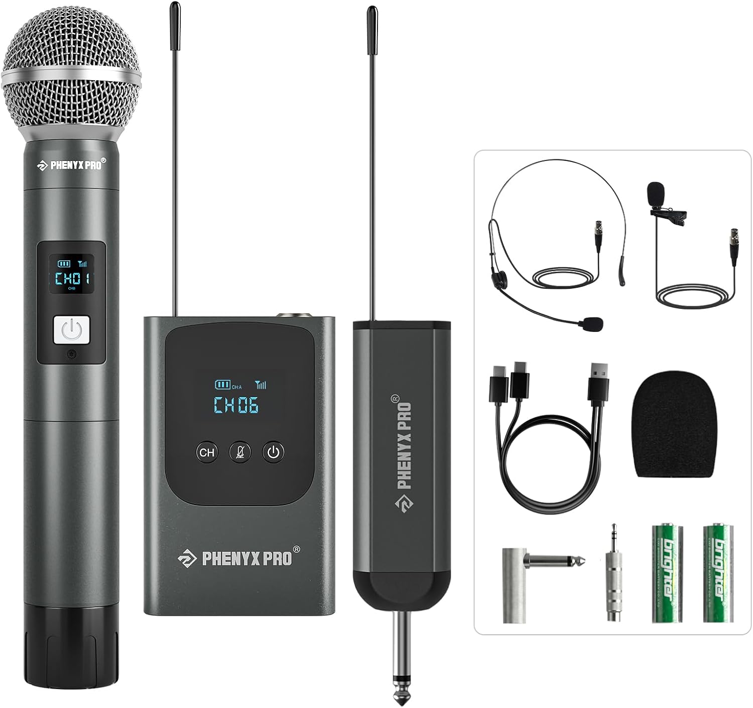 Phenyx Pro Dual Digital Wireless Microphone System, w/Handheld Dynamic Microphone, Bodypack Transmitter, Mini Receiver, 2x15 UHF Frequencies, Headset/Lapel Mic for Singing (PDP-2-1H1B)