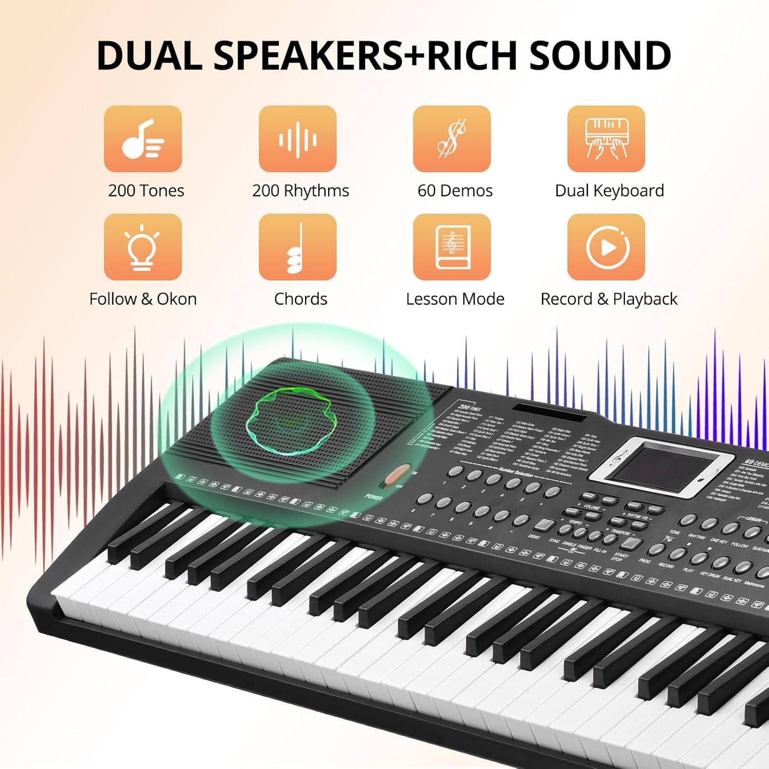 RIVVTA 61 Key Keyboard Piano with Stand for Beginners Portable Electronic Keyboard Piano Kit with 200 Tone 200 Rhythm 60 Demo Microphone Power Supply Sheet Music Stand Black(REK-10)