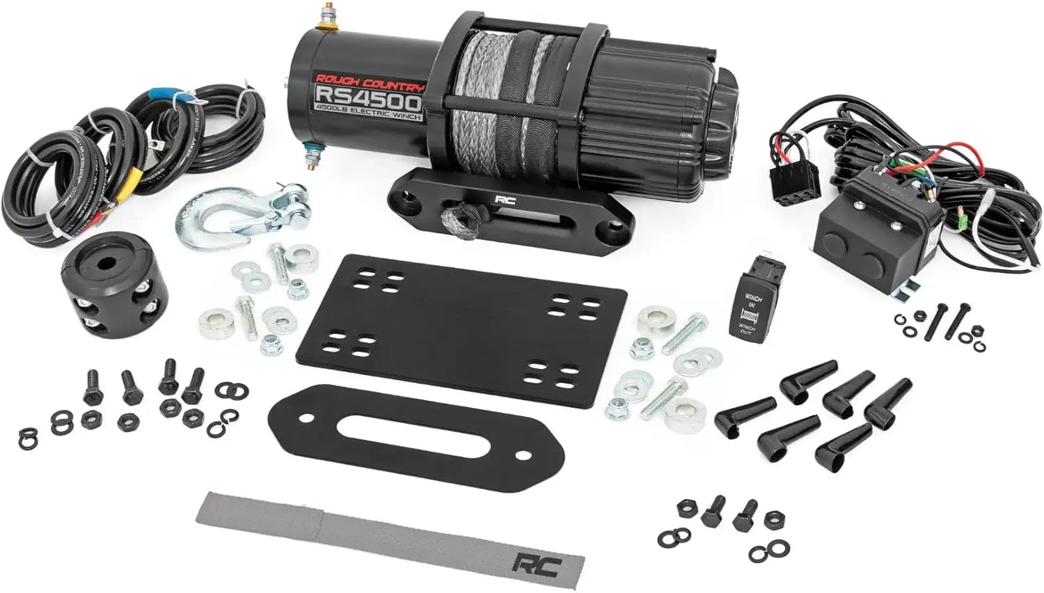 Rough Country Winch Mount with 4,500 LB Winch for Can-Am Defender HD8/HD9/HD10 - Bolt-on Mounting Plate, RS4500S Series Winch with 50 ft. Synthetic Rope