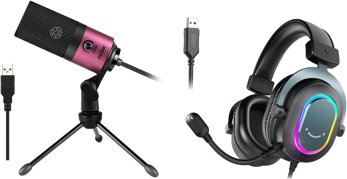 FIFINE Pink Podcast Microphone and Gaming Headset, USB Condenser Recording Mic,Wired Computer Headphones with Microphone-7.1 Surround Sound on Laptop/PC/PS4/PS5 (K669+H6)