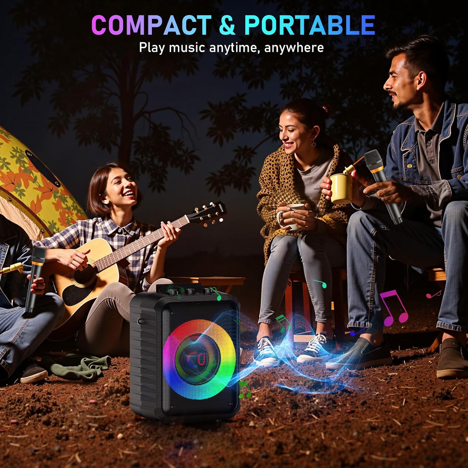 JYX Karaoke Machine, Portable Bluetooth Speaker with 2 Wireless Microphones, RGB Lights, Echo, 40W 5.25