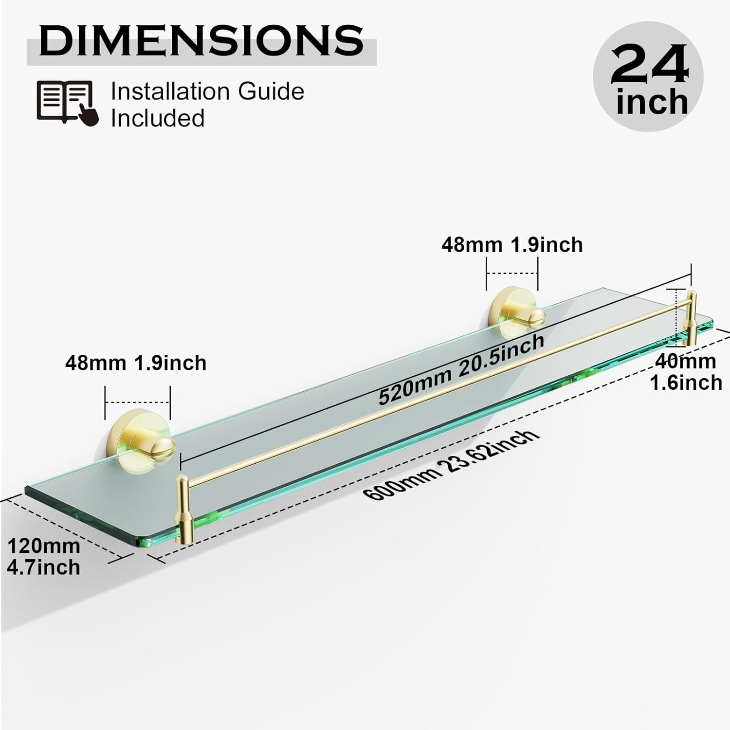 Glass Shelf for Bathroom 2 Pack,24-Inches Floating Glass Shelves Towel Bar/Track(Brushed Gold)