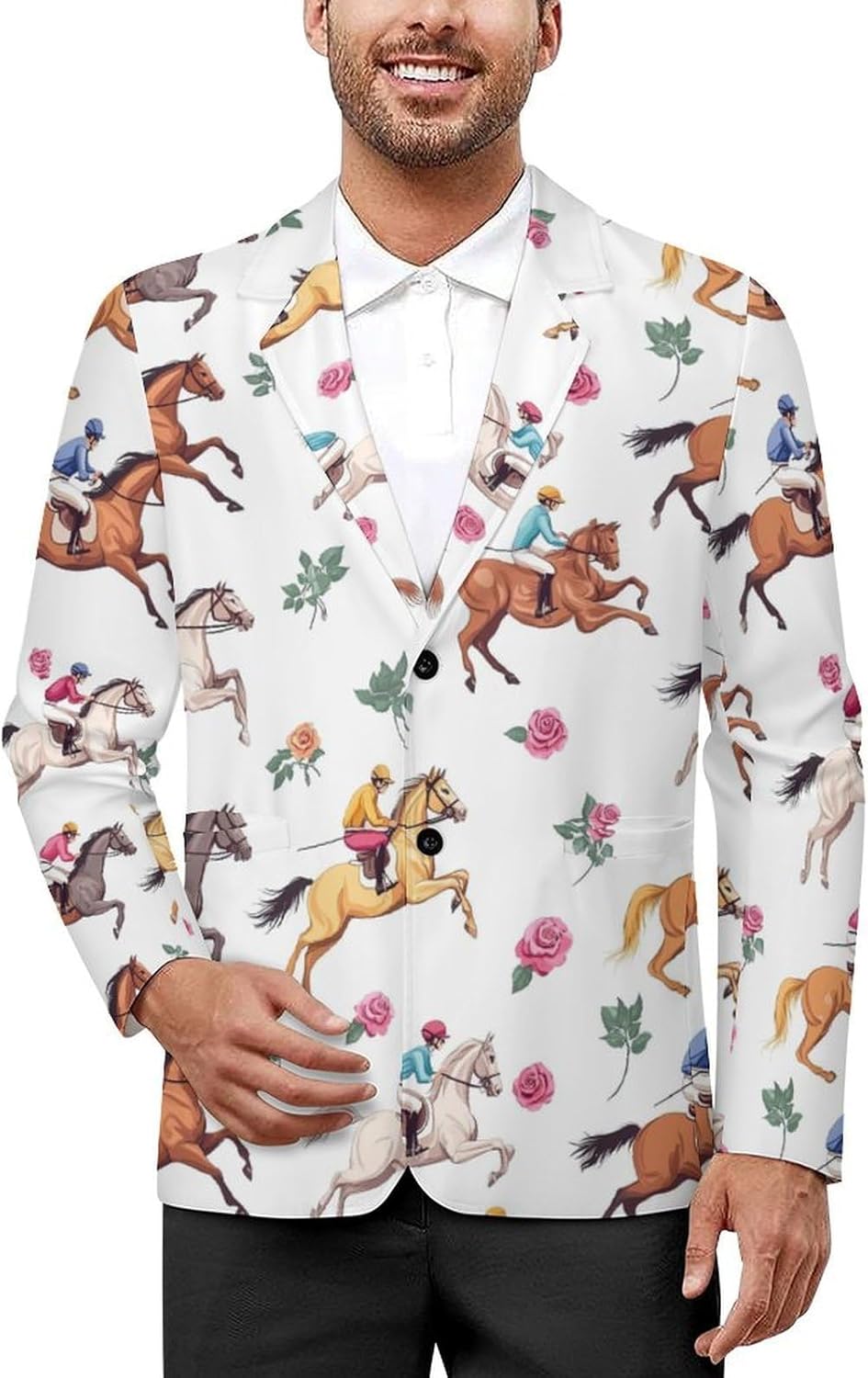 Horse Racing Men's Suits Business Formal Suit Dress Print Jackets Casual Wedding Party Coat