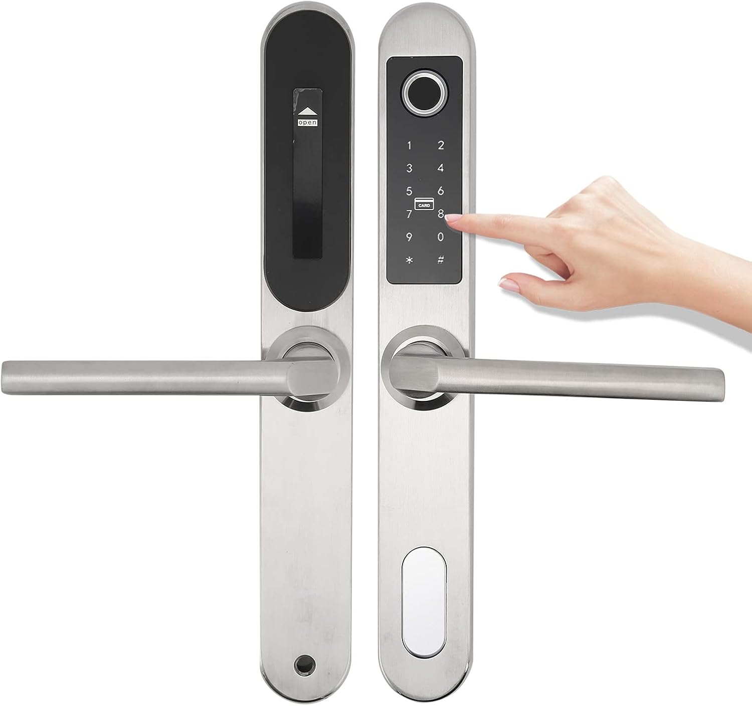 Smart Fingerprint Door Lock with Handle Keypad Deadbolt Password Code Lever Lock Anti‑Theft Door Lock with Key, Card for Apartment Villa School Office (Silver)