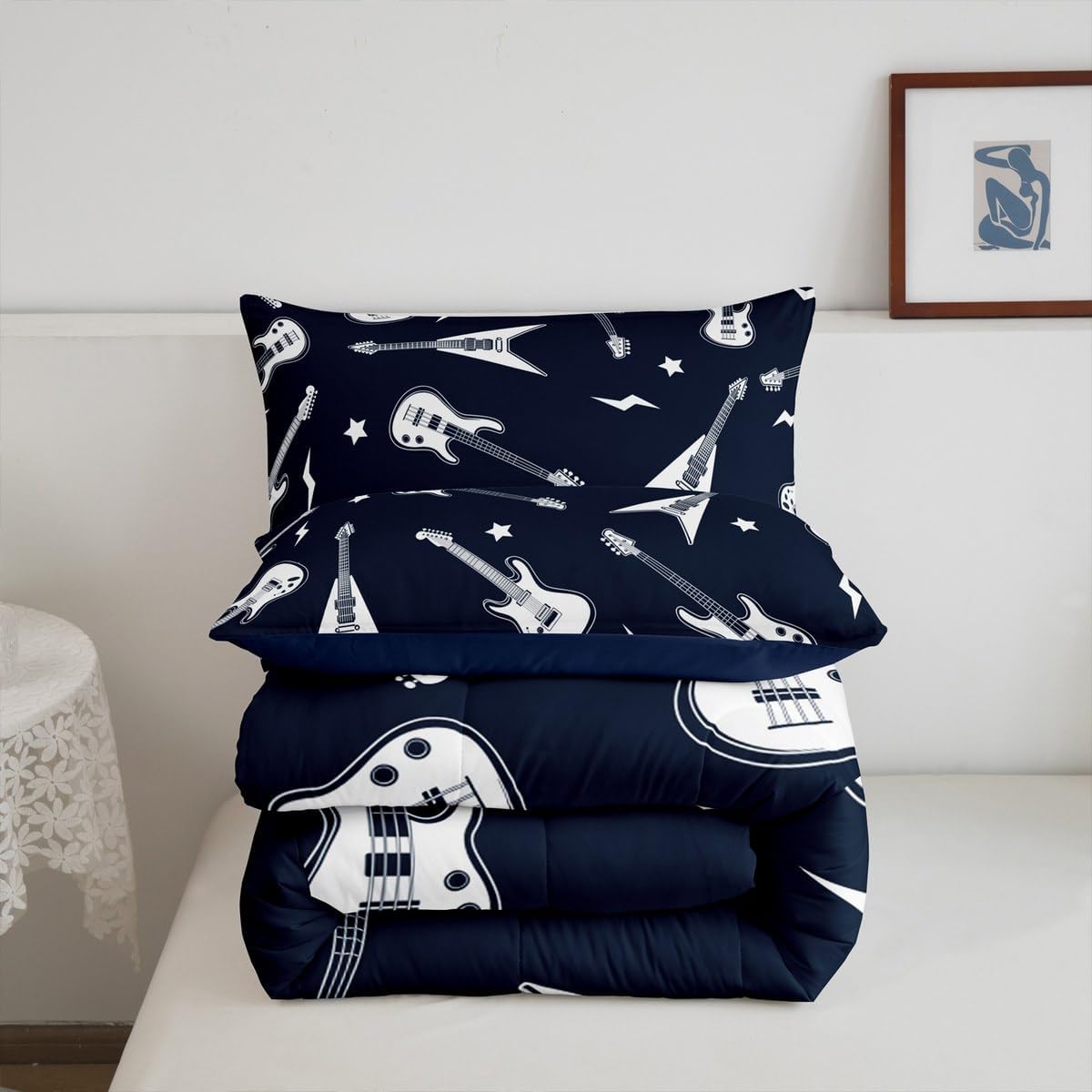 Manfei Guitar Bass Comforter Set for Kids Music Theme Guitars Bedding Set Funny Musical Instrument Bedding Home Decor Navy Blue Comforter King Size 3 Pieces Quilted Duvet with 2 Pillowcase