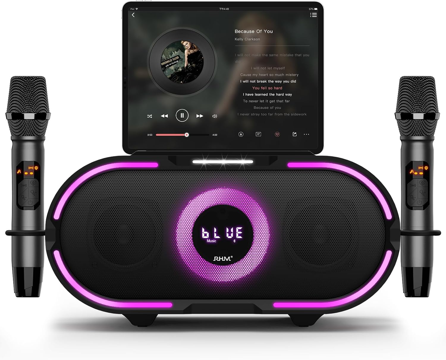 RHM K666PLUS Karaoke Machine with Powerful Sound, Deep Bass & Led Light, 2 Wireless Microphones, 7 Hours Playtime, Support Bluetooth/AUX/USB/PC for Outdoor Party