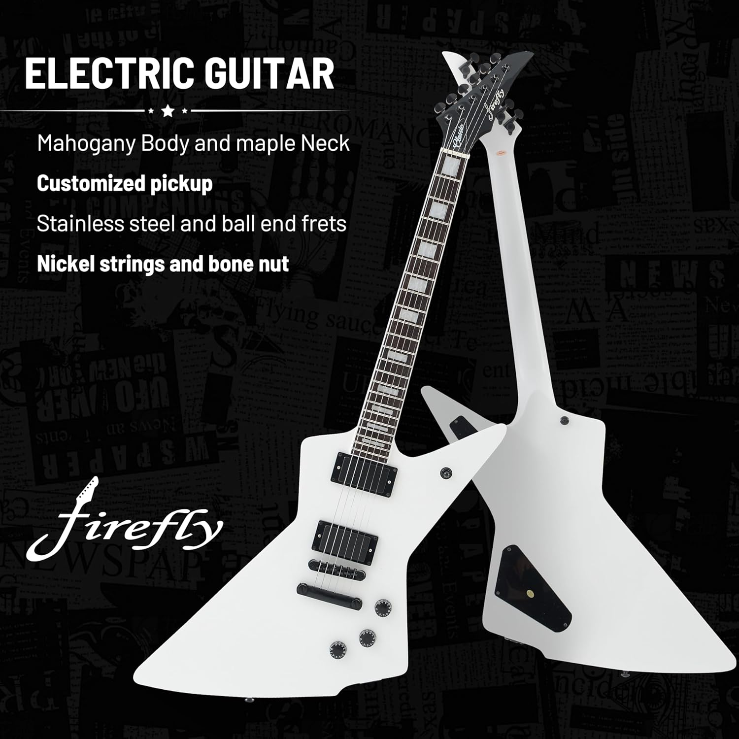 Firefly FFLX Solid Body Electric Guitar,Mahogany Guitar body,Stainless steel and ball end frets,rosewood fretboard(White Color)