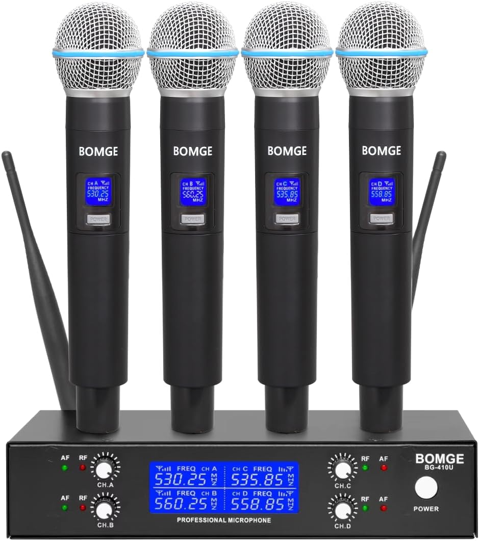 BOMGE Pro Wireless Microphone System, 4-Channel UHF Wireless Mic, Cordless Mic with 4 Handheld Dynamic Microphones, 260ft Range, Microphone for Singing,Church,Karaoke,Party (410U-4 Handheld)