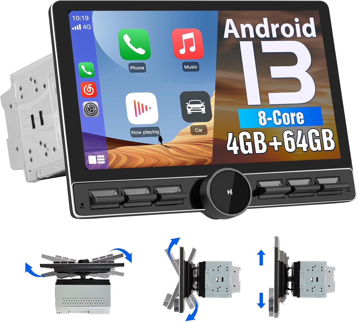 Android 13 8-Core 4GB+64GB Double Din Car Stereo, 10.6 Inch Detachable Floating Touchscreen Car Radio with Wireless Carplay & Android Auto/Mirror Link/WiFi/4G/FM/USB, Support SWC/Backup Camera